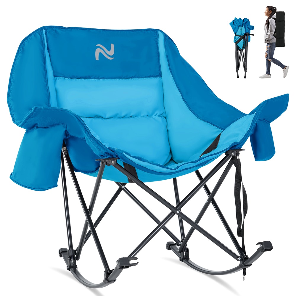 Esazn ROCKC-BLUE Oversized Rocking Camping Chair Stackable Blue Metal Frame Rocking Chair with Blue Esazn Cushioned Seat