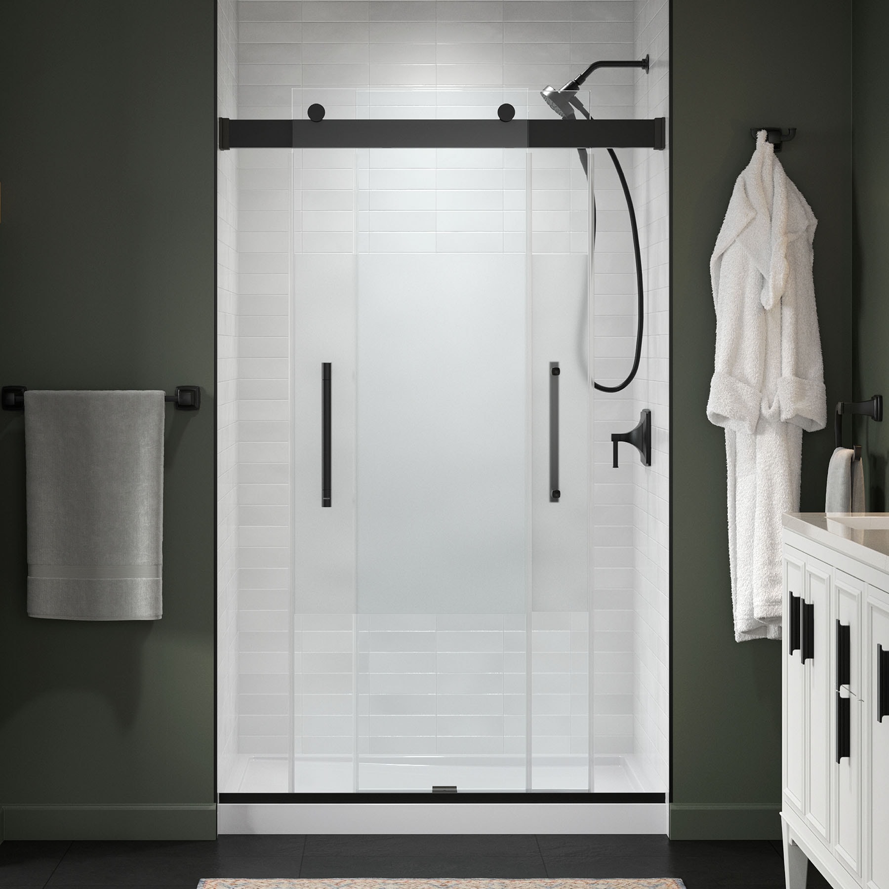 KOHLER 702475-8G81-BL Premise Matte Black 44-in to 48-in W x 75.75-in H Frameless Sliding Soft Close Shower Door 5/16-in Thick Clear Glass
