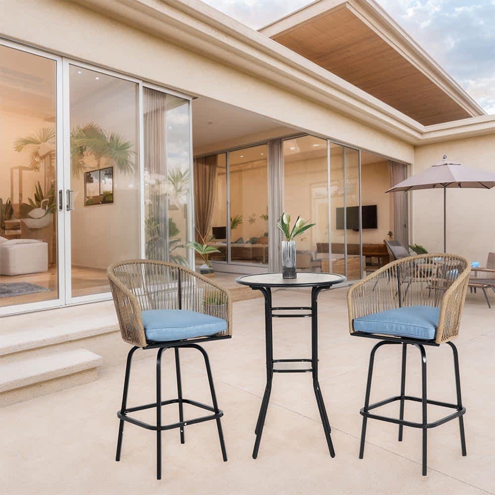 JUJABU ZJPAITOSET-1 Blue 3pcs Outdoor Bar Set Patio Bar Table and Chairs Set Bar Height Patio Set 2Swivel Bar Chairs 1Round Bar Table for Garden