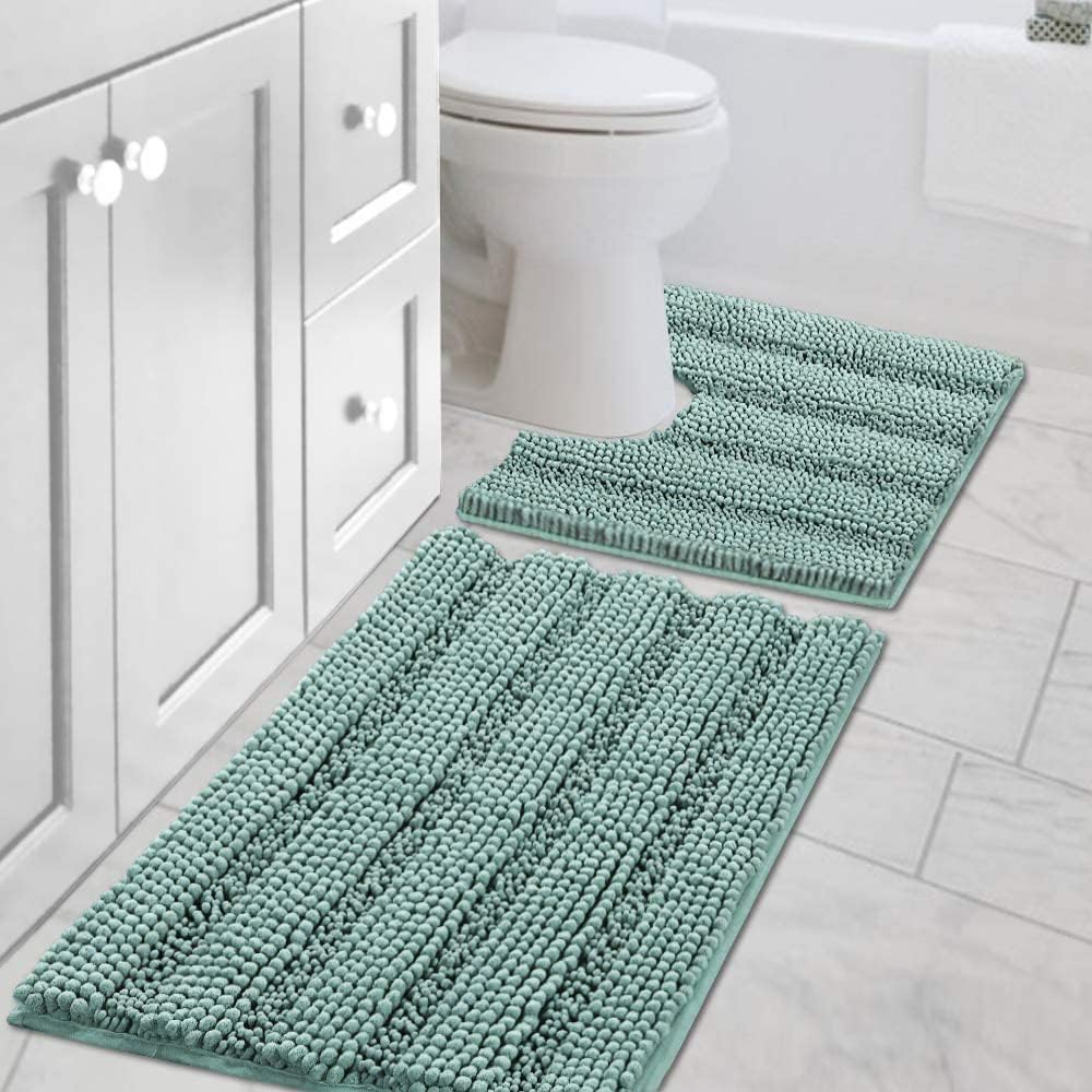 H.Versailtex  2Piece Sage Chenille Bath Rug Set ExtraThick Striped Shaggy Mats with NonSlip Backing