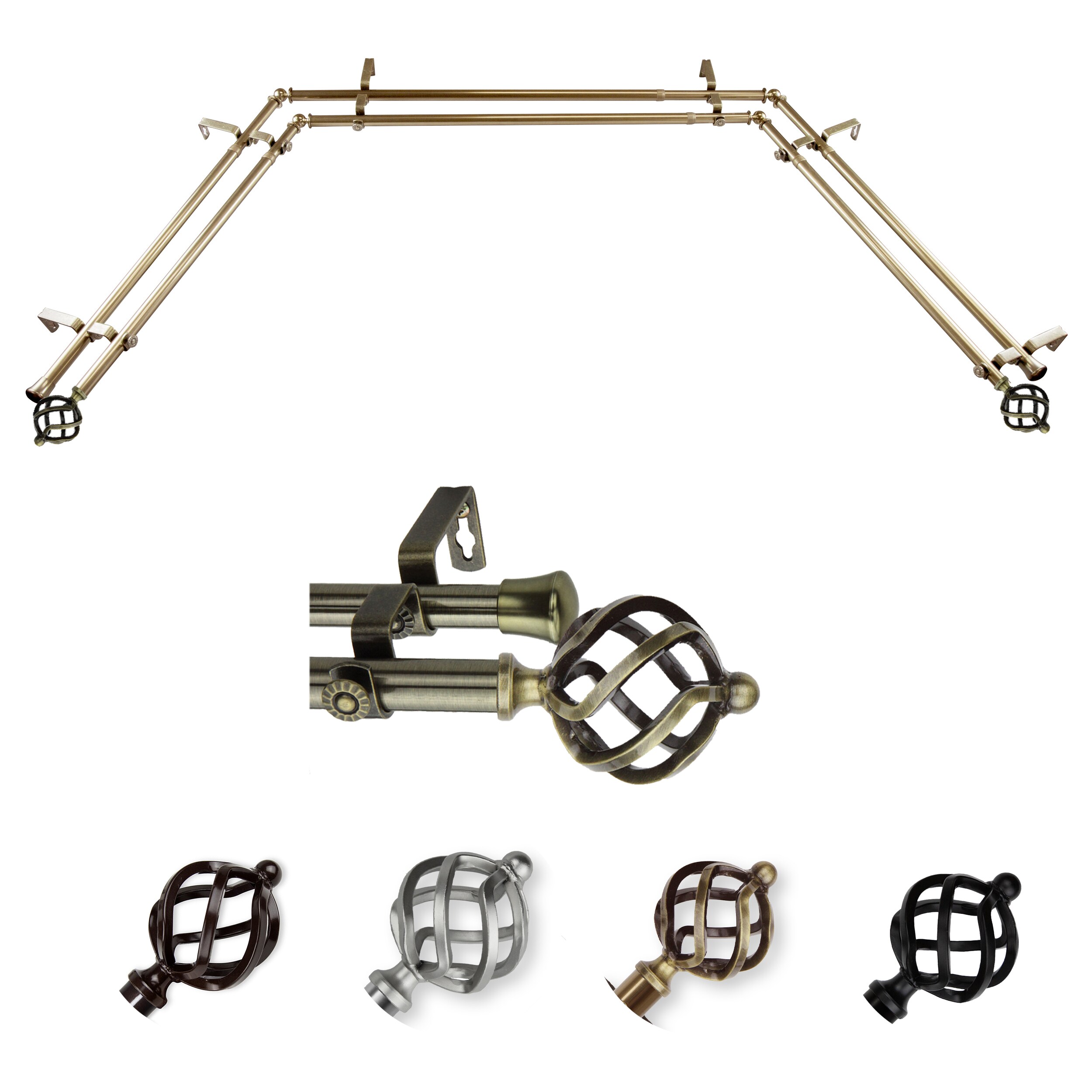Hart & Harlow LO-ABAY-42-4D 72-in to 144-in Antique Brass Steel Bay window curtain rod with Finials