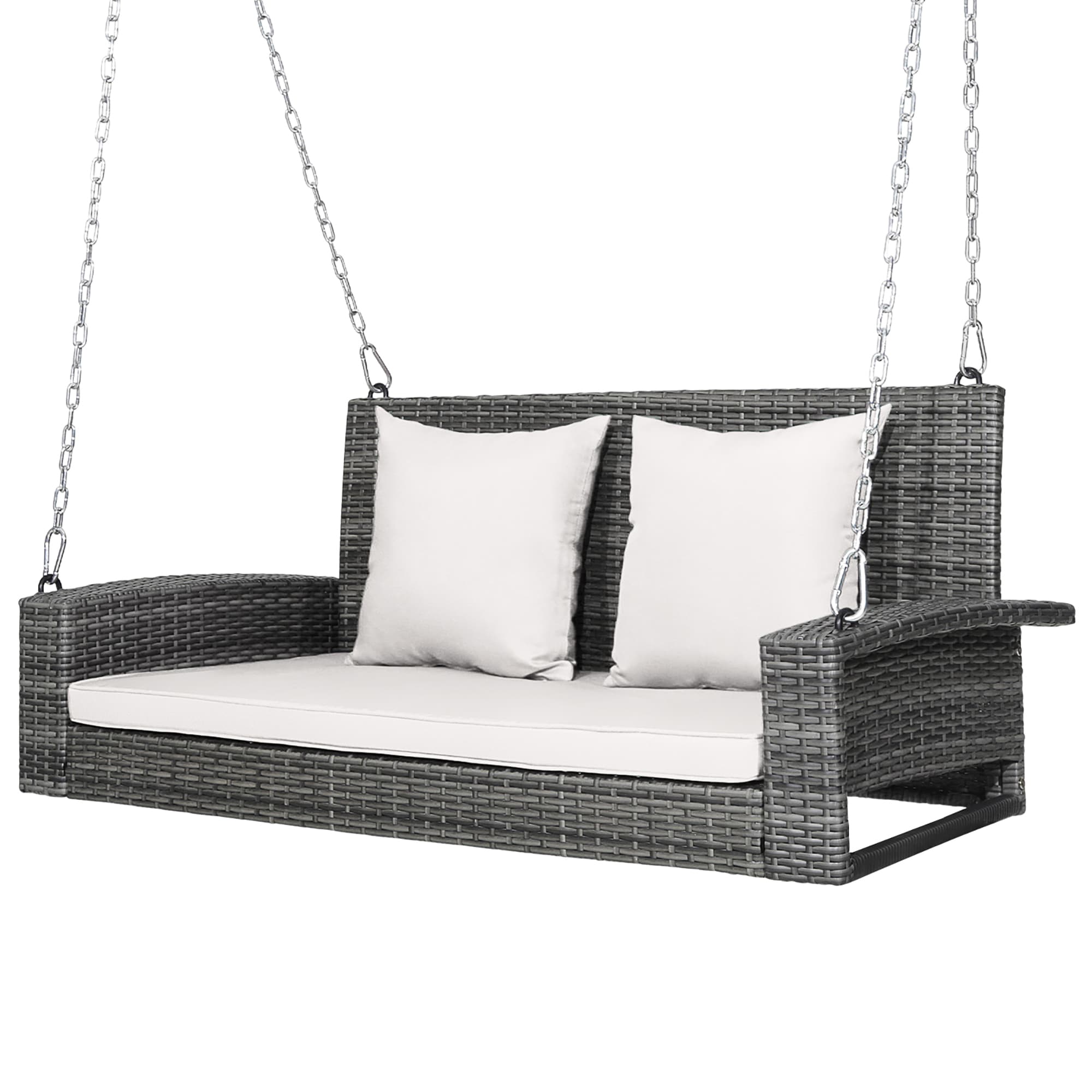 Costway HW69619WH Rattan Mix Grey Rattan Frame Hanging Conversation Chair with White Cushioned Seat