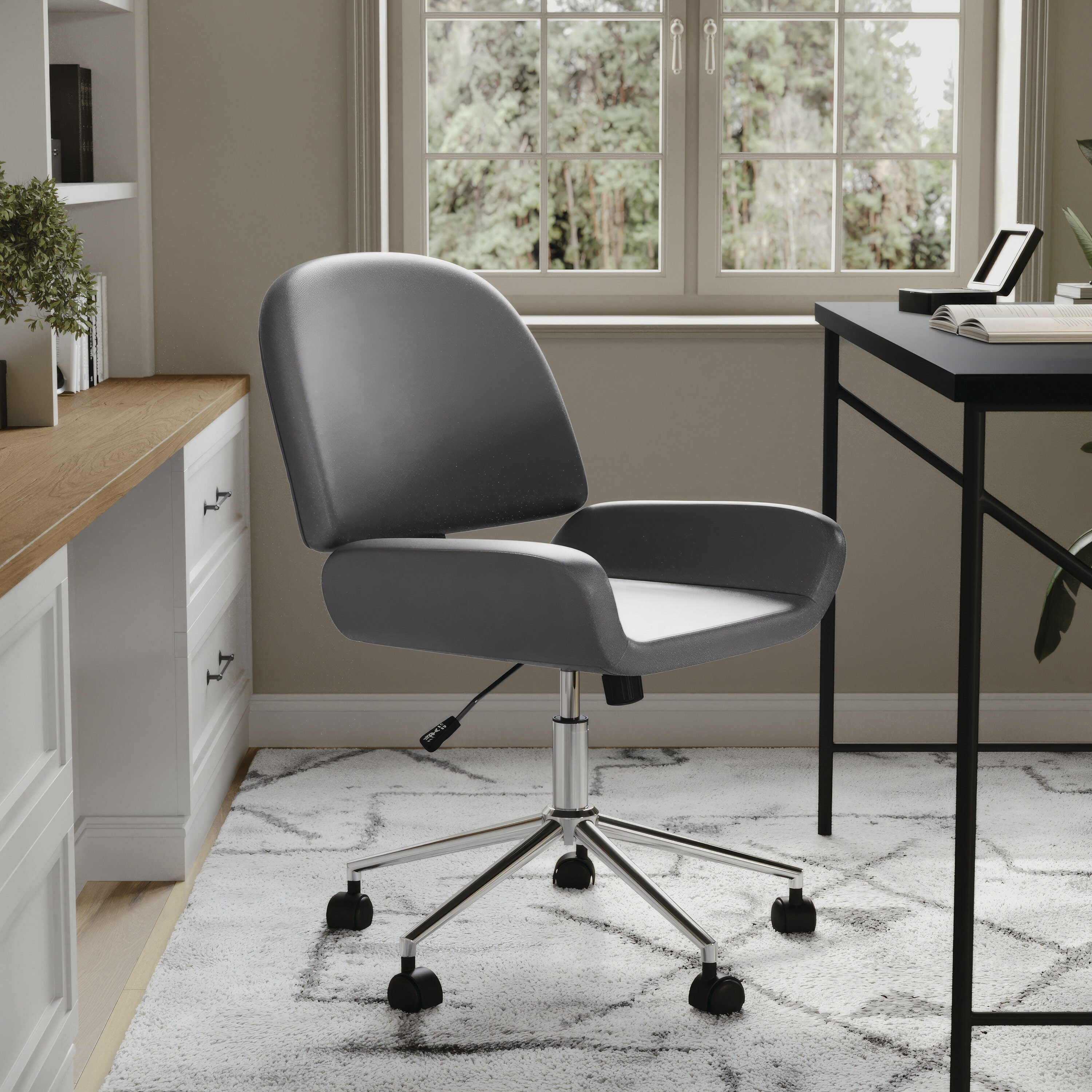 Gray Faux Leather Armless Swivel Office Chair with Polished Nickel Frame