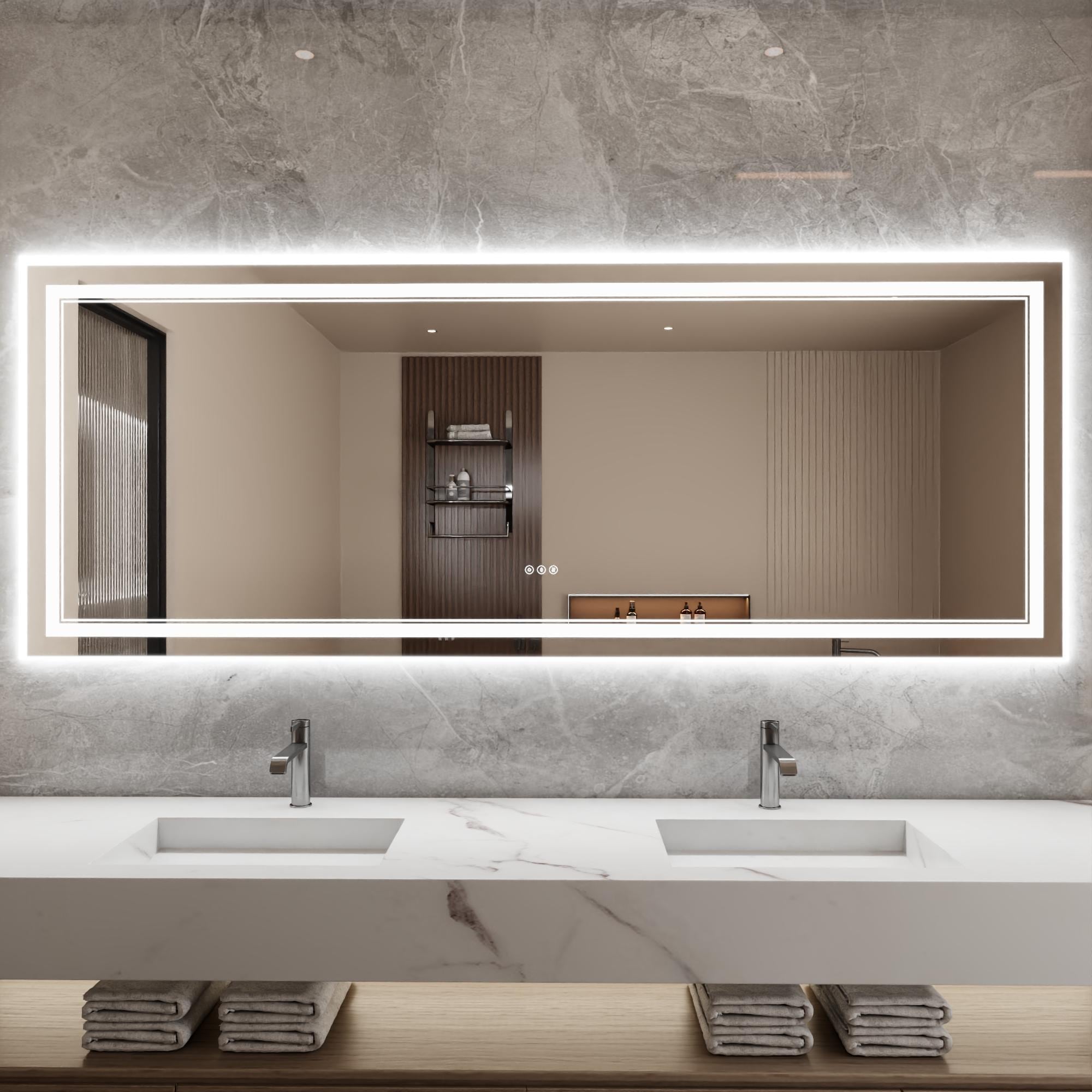 Bayfeve BFKF-4836D4-MIR Modern Multifunction LED Bathroom Mirror 83.86-in x 31.89-in Polished Frameless Rectangle Dimmable LED Lighted Fog Free Bathroom Vanity Mirror ( Silver )