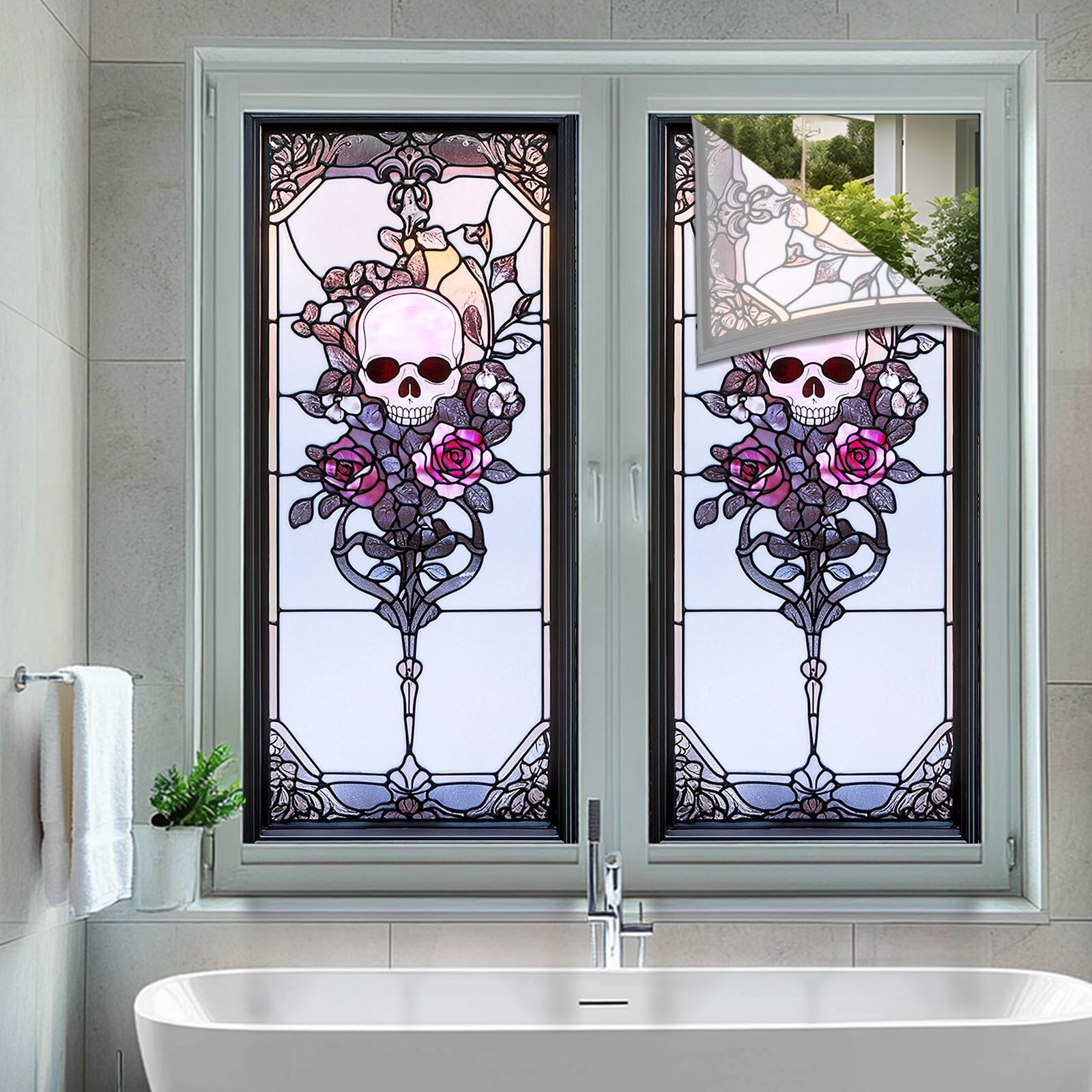 LAIFUCAM Art Nouveau Skull Rose Privacy Window Film Decorative Stained ...