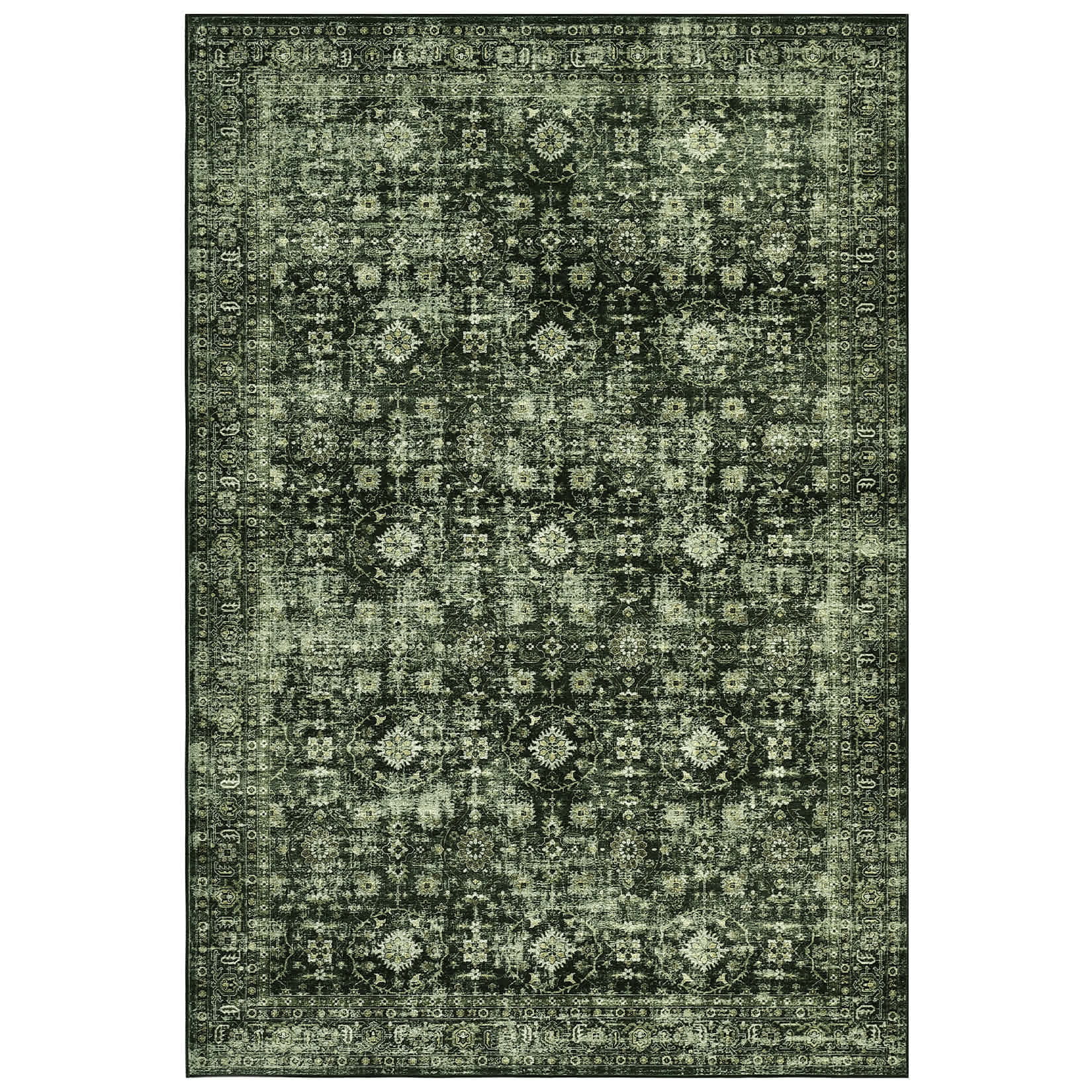 Qeetex LSN-PHK-33C8WWCD 10 x 13 ft Polyester Wool Spinning Green Rectangular Hallway Bathroom Entryway Kitchen Office Foldable Flower Printed Persian Washable Area Rug