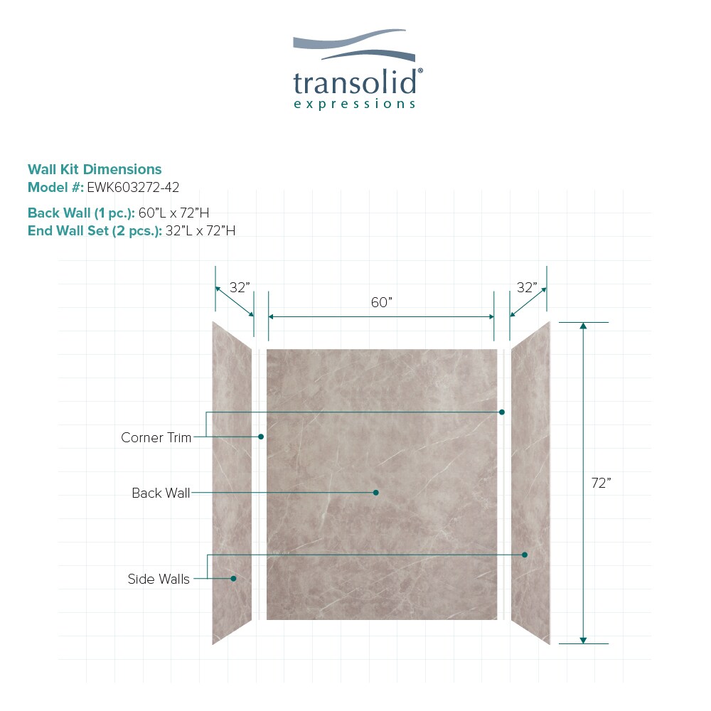 Transolid Expressions 60-in x 32-in x 72-in 3-Piece Glue To Wall Dover ...