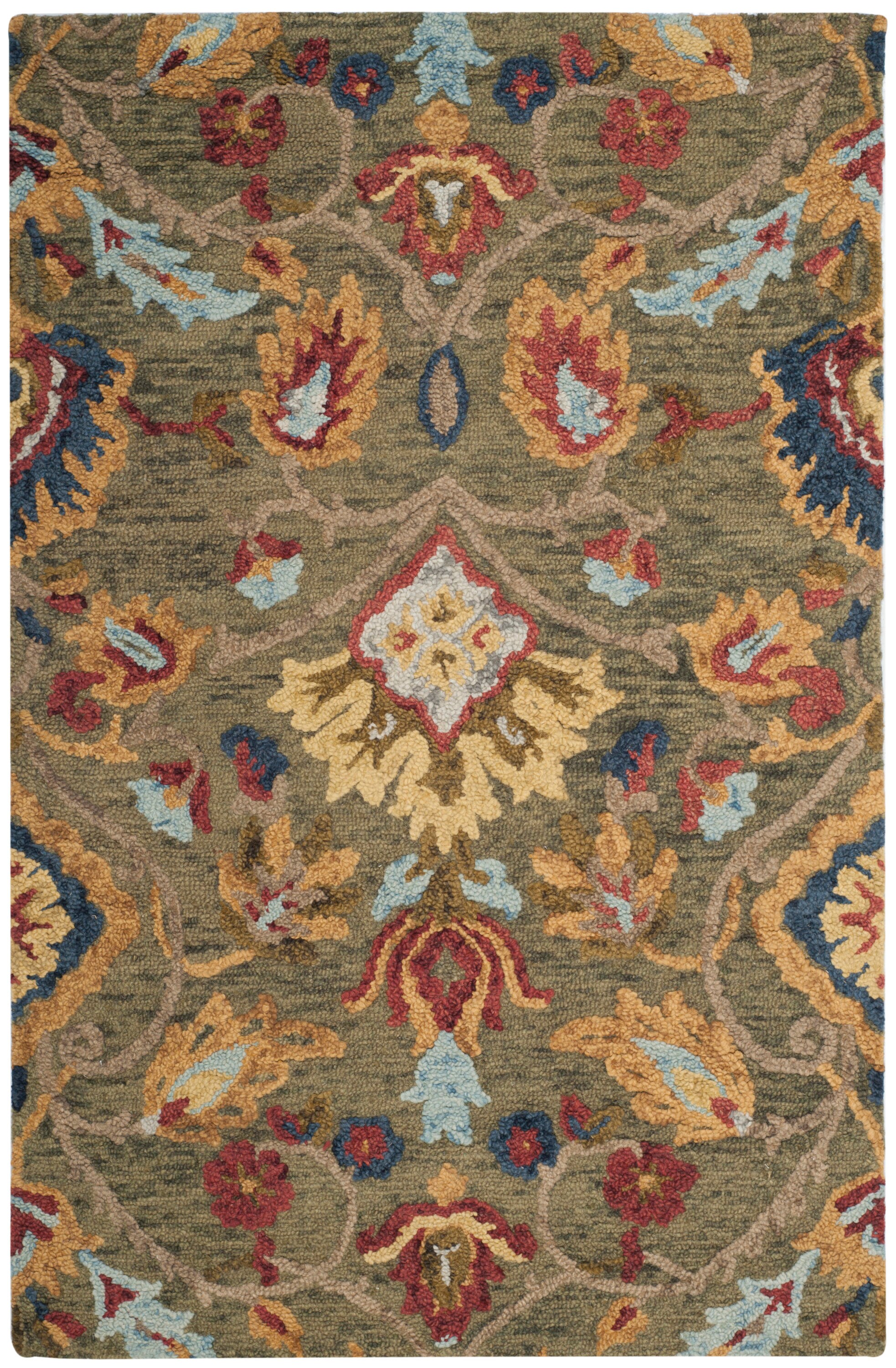 Green and Multicolor Floral Wool Tufted Area Rug