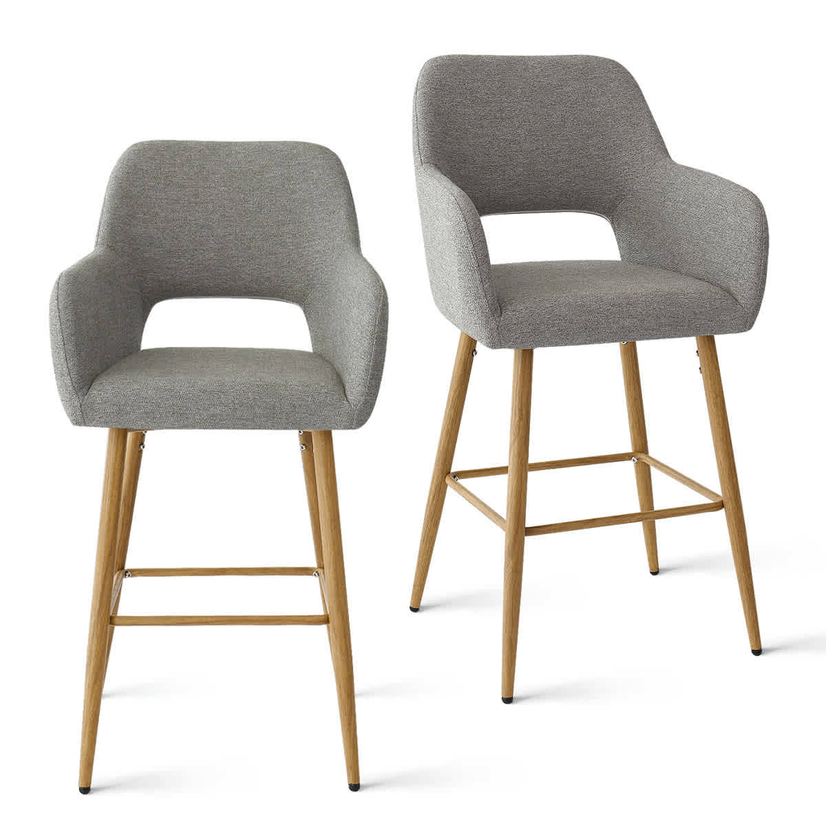 Maison Boucle ATLANTA-ARM-MB-GREY Bar Stools Counter Height Set of 2 with Back and Armrest Gray Linen Upholstered Accent Barstools