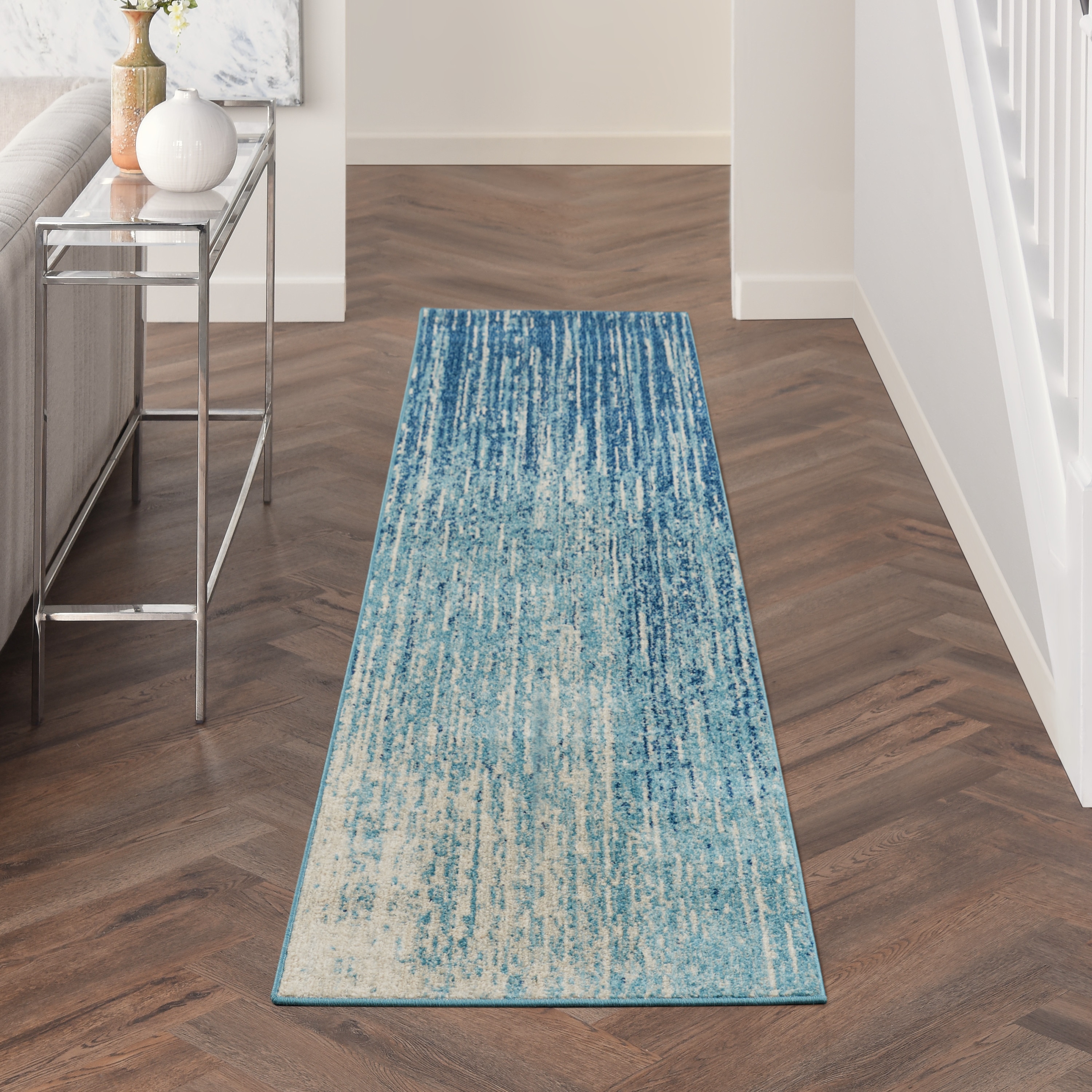Nourison 099446809124 Passion 2 x 10 (ft) Loomed Polypropylene Navy/Light Blue Rectangular Indoor Abstract Mid-Century Modern Runner rug