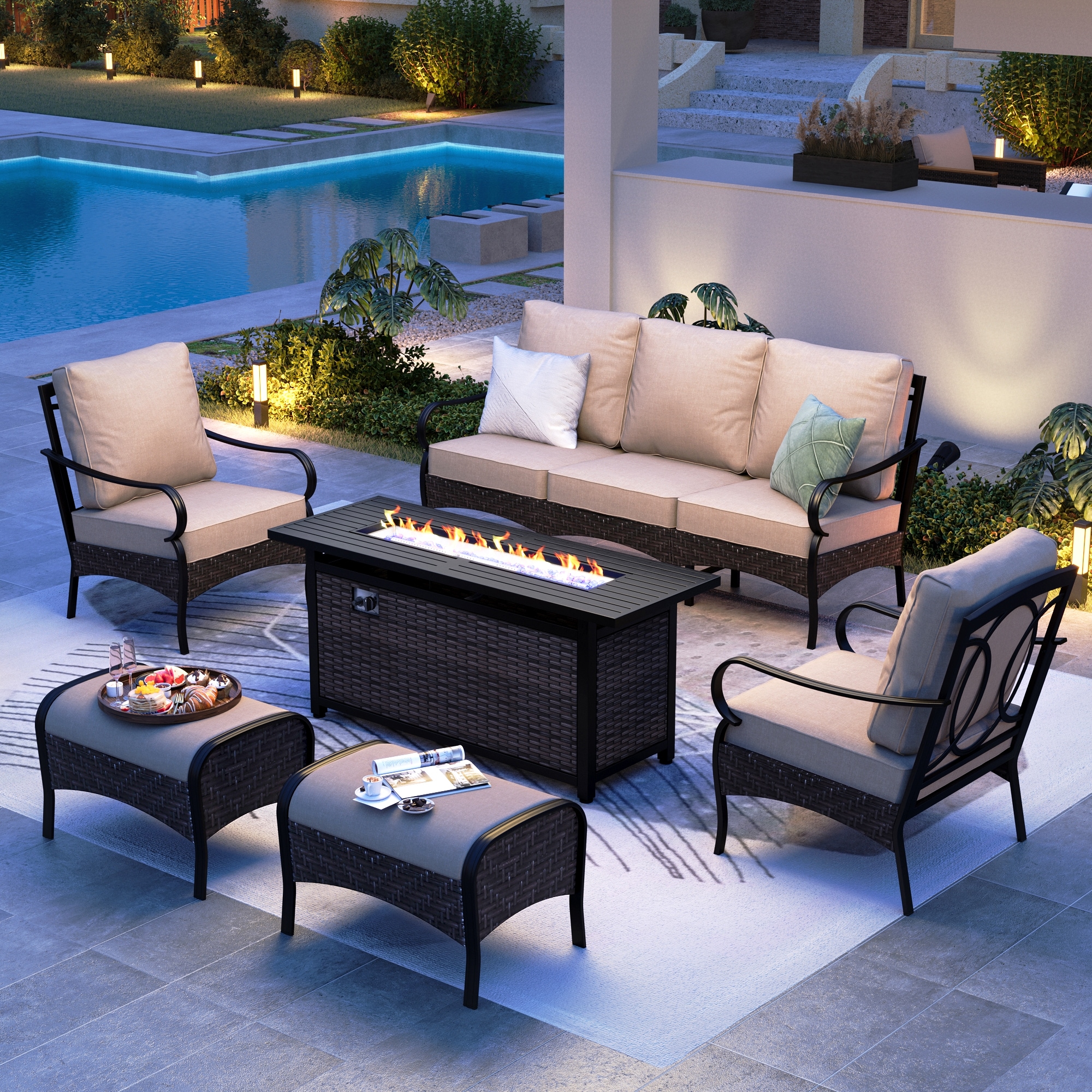Sunshine Valley CR001-08-7-GS103 Patio Furniture Set with Fire Pit 6 -Piece Wicker Patio Sofa Conversation Set with Tan CUSHION PRO Cushions