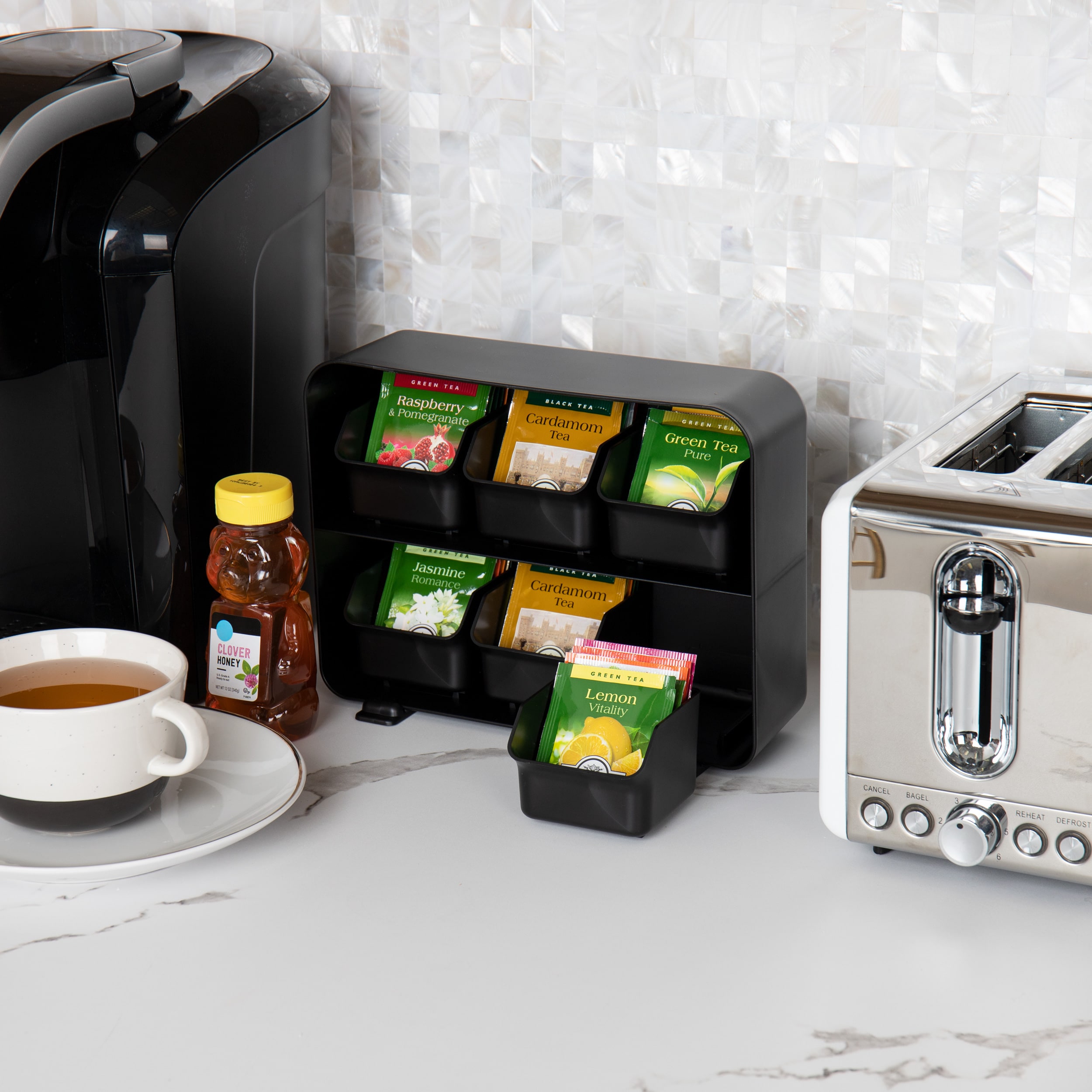 Black Plastic 6-Drawer Tea Bag Organizer for Countertop Storage