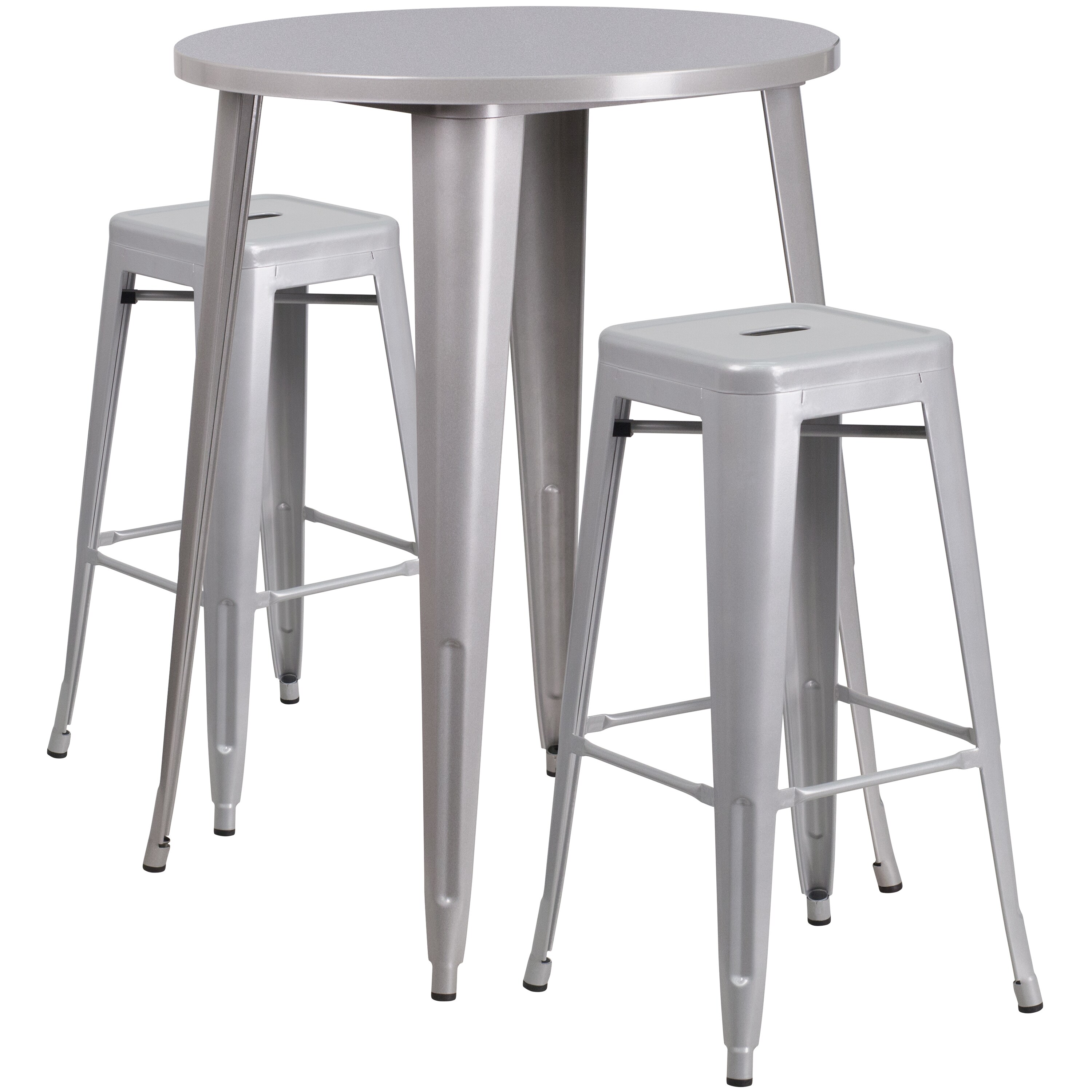 Flash Furniture 889142083016 Boyd Commercial Grade 30-in Round Silver Metal Indoor-Outdoor Bar Table Set with 2 Square Seat Backless Stools