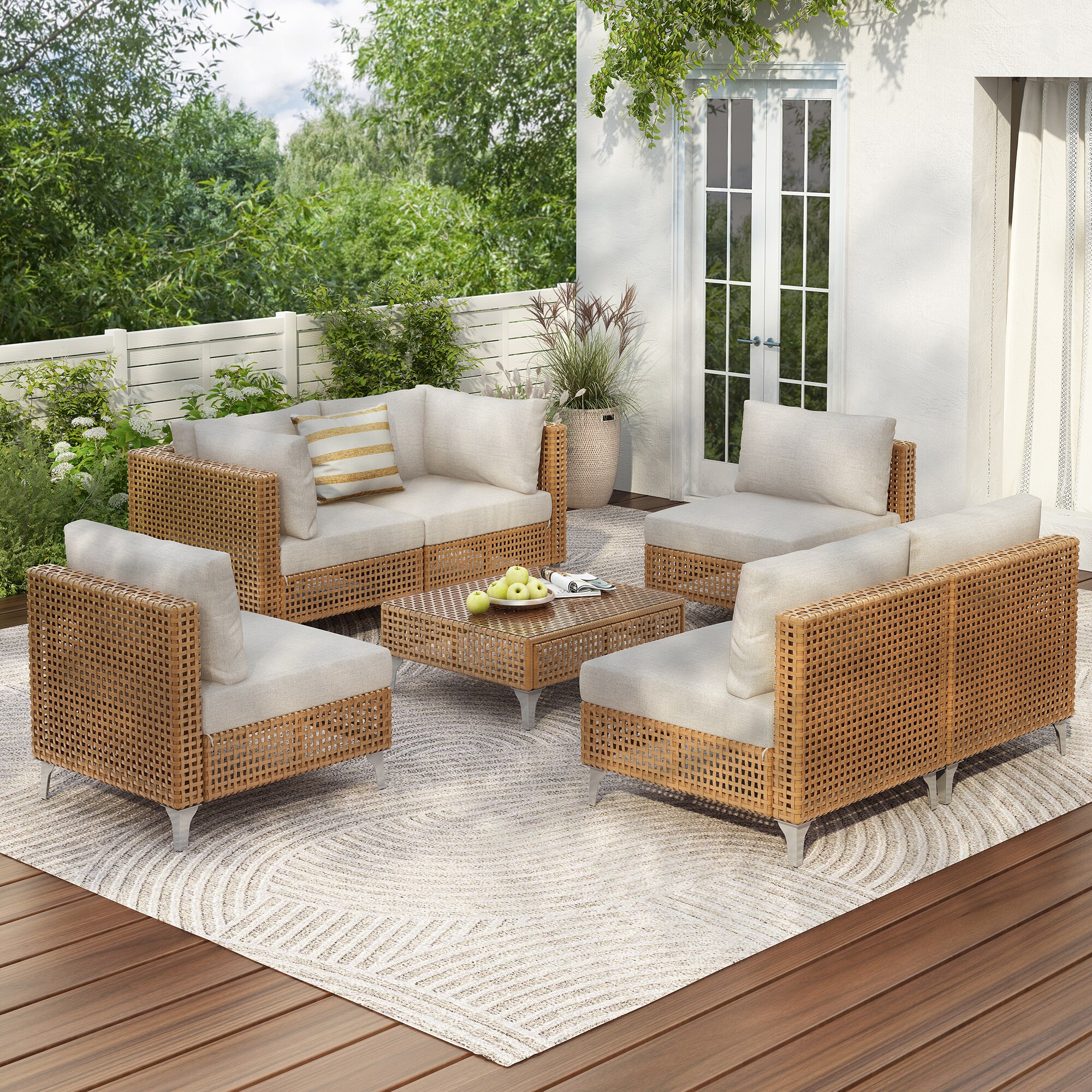 BABOOM BOM-000011Z-OR Outdoor Furniture Set 7 -Piece Rattan 2 Patio Sofa Conversation Set with Beige Cushions