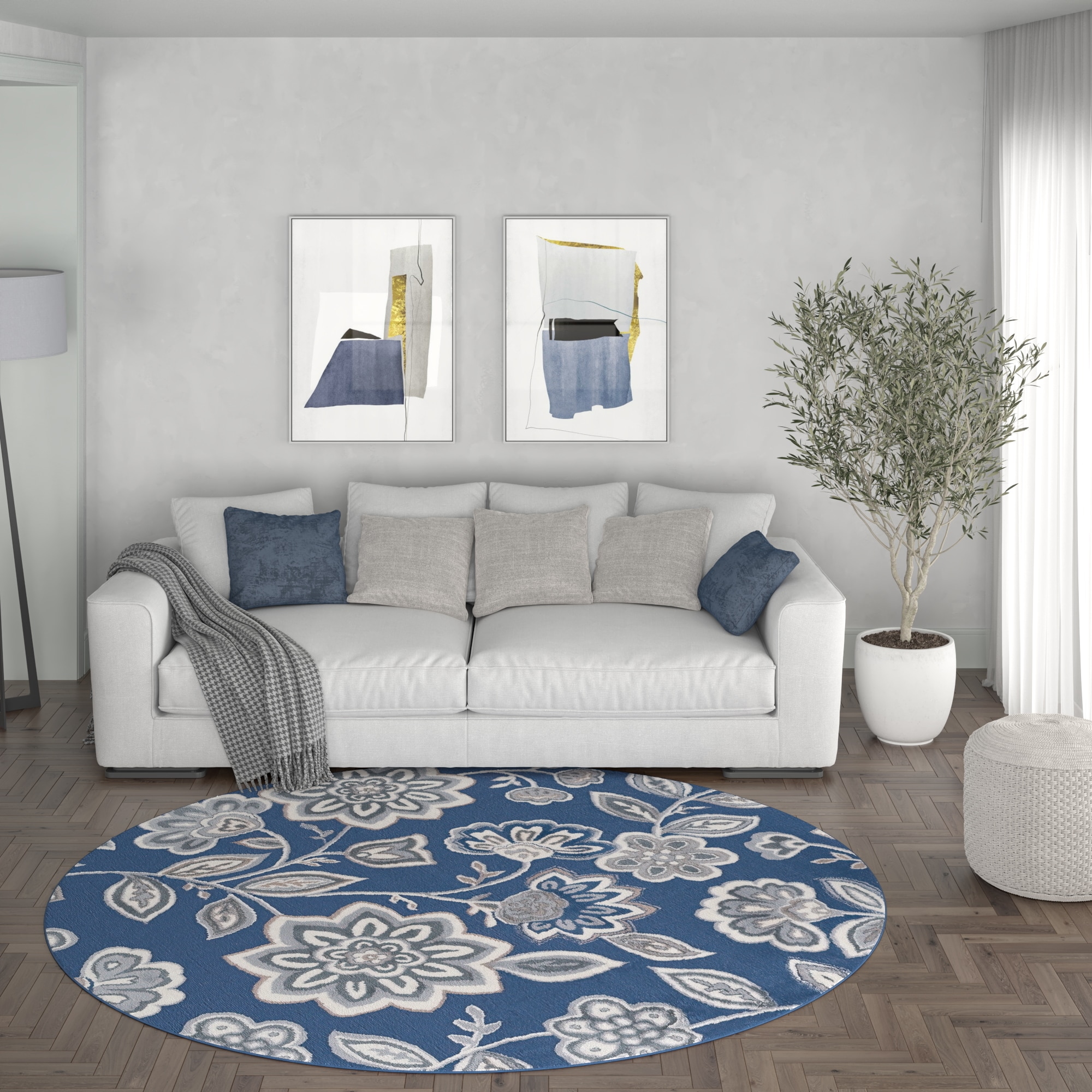 Tayse MDN3407 8RND Madison 8 x 8 (ft) Loomed Polypropylene Blue Round Indoor Floral/Botanical Oriental Area rug