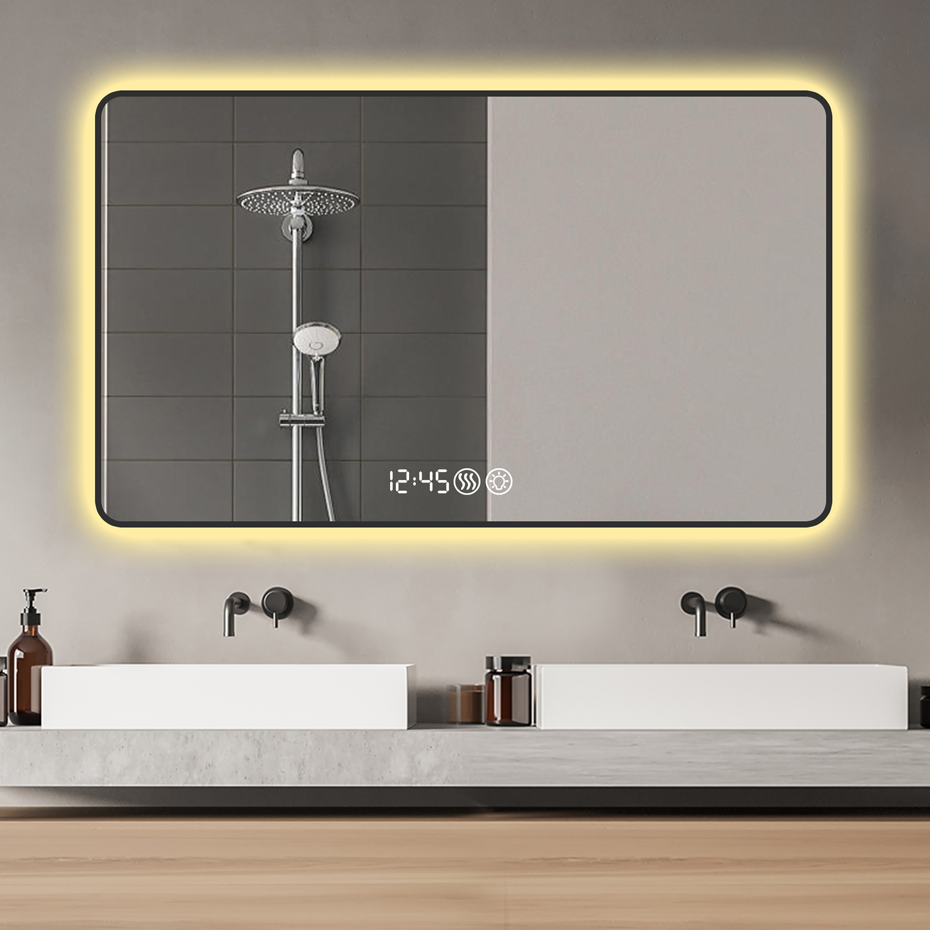 CASAINC 48-in x 32-in Framed Rectangle Dimmable LED Lighted Fog Free Bathroom Vanity Mirror ( Black )