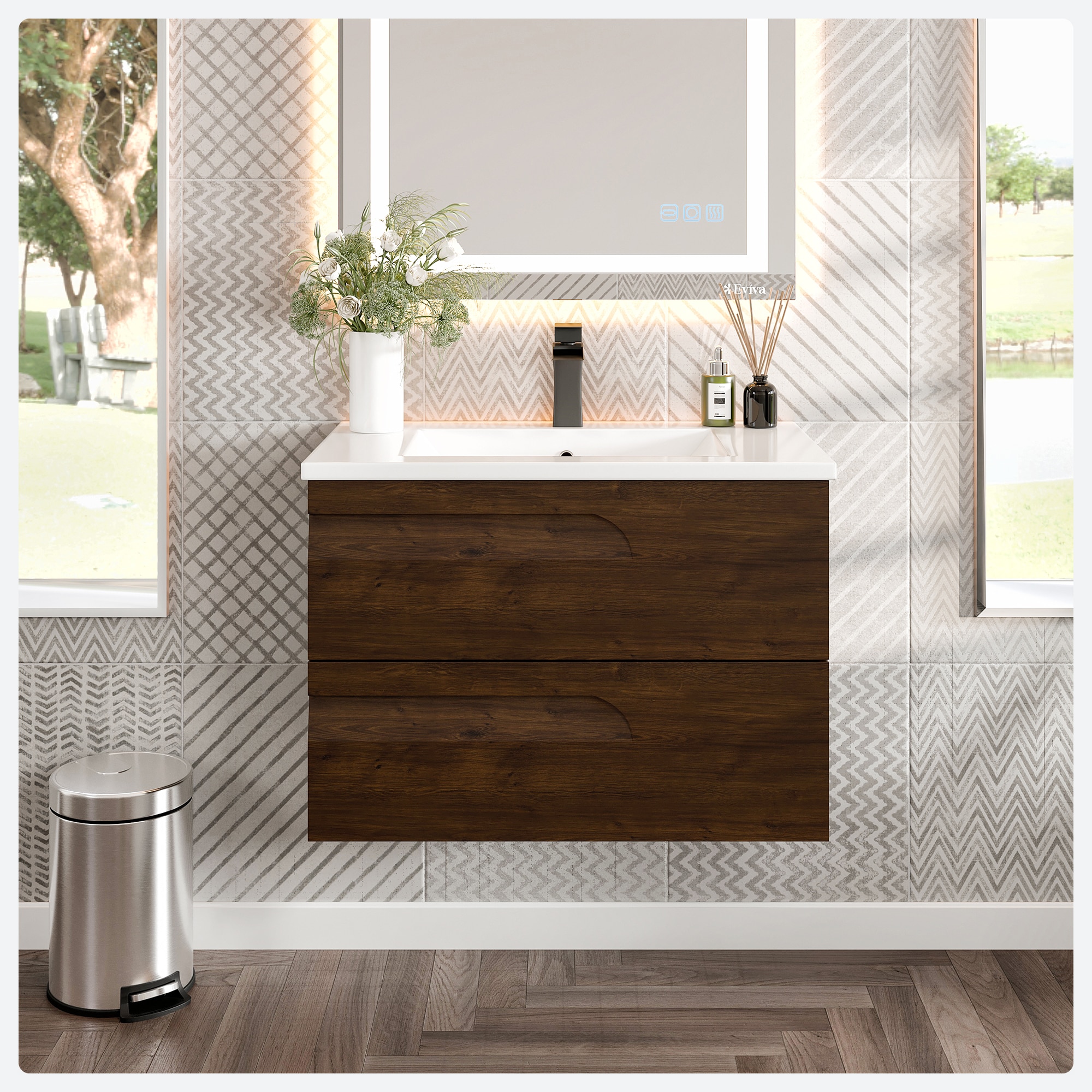 Eviva EVVN23-32RW-WM Joy 32-in Rosewood Single sink Floating Bathroom Vanity with White Porcelain Top