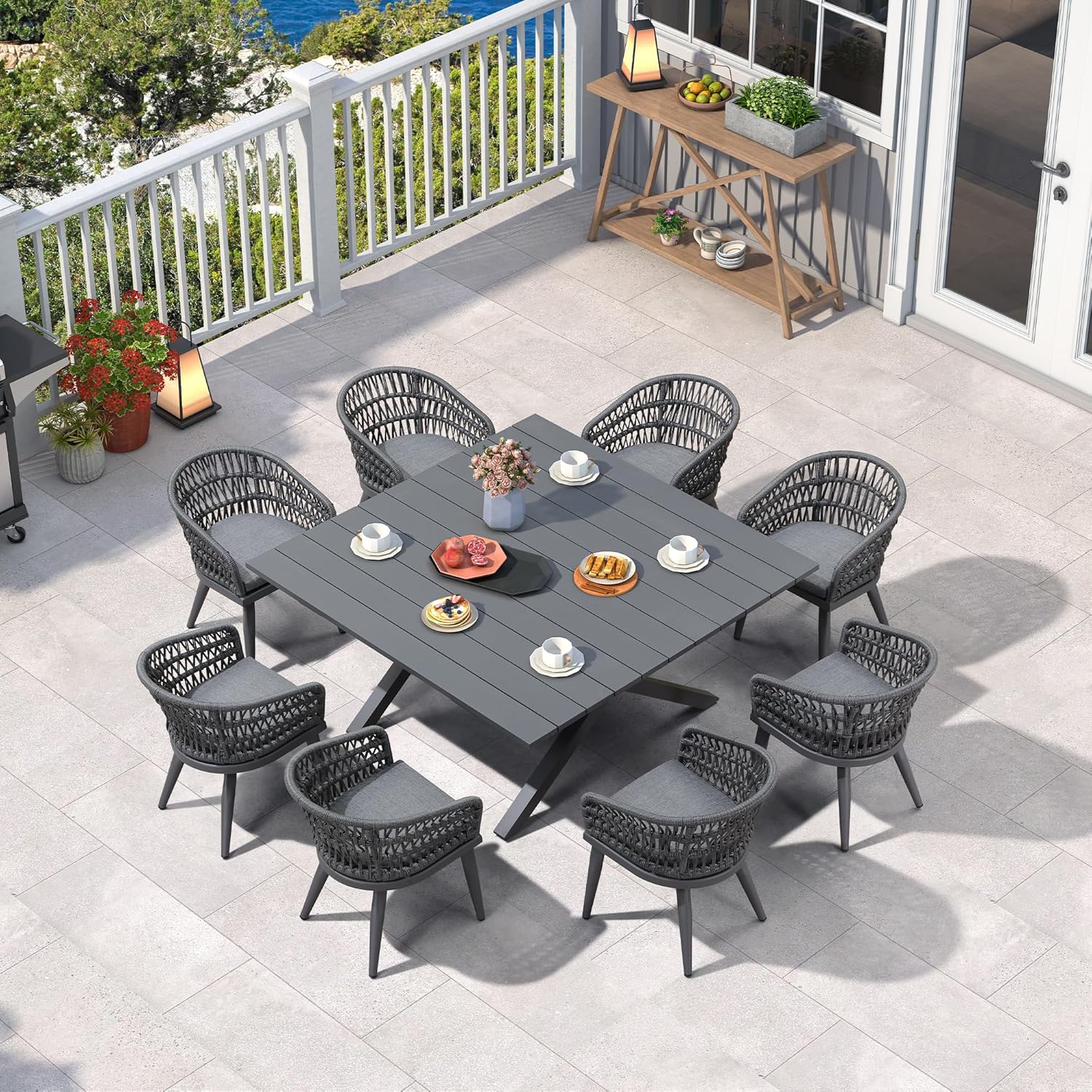 PURPLE LEAF LS01-RPL09-155-GY 9 -Piece 9 pieces square Rattan Patio Dining Set Aluminum Square Table with 8 Gray Cushions Stationary Chairs