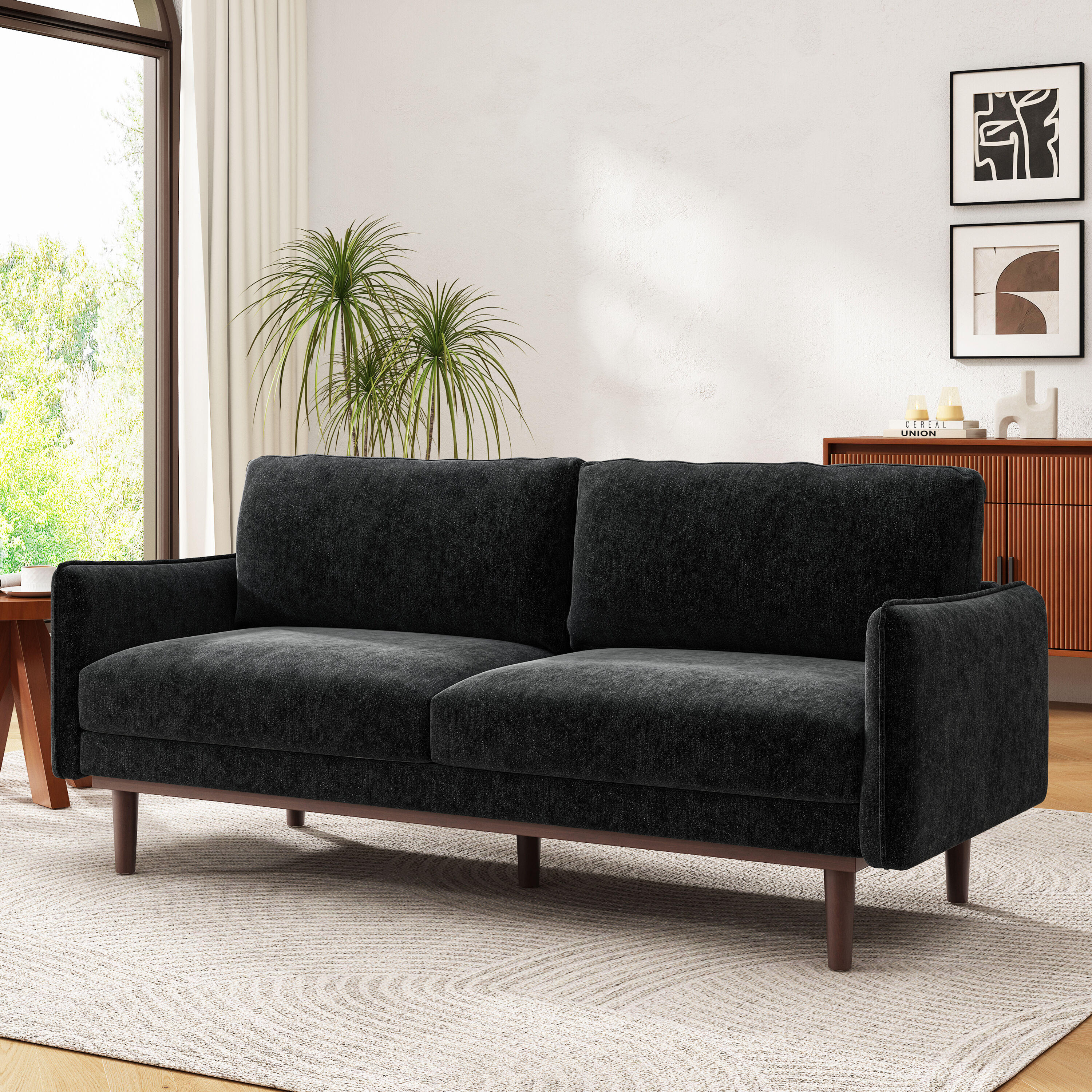 Christopher Knight Home Xavrel Modern 75.75 Inch 2 Seater Chenille Upholstered Wood Frame Loveseat Sofa with Pocket Spring Cushions and Removable Seat Cushions Black