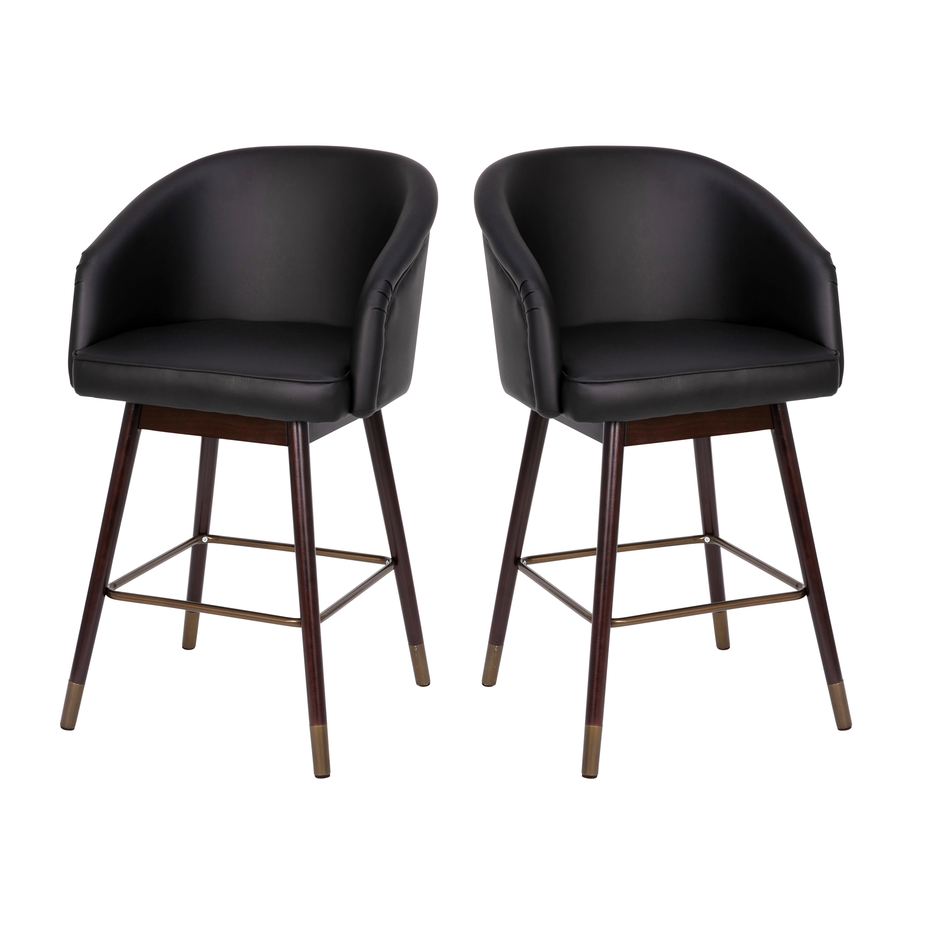 Black Leather and Walnut Wood Counter Stools with Metal Accents