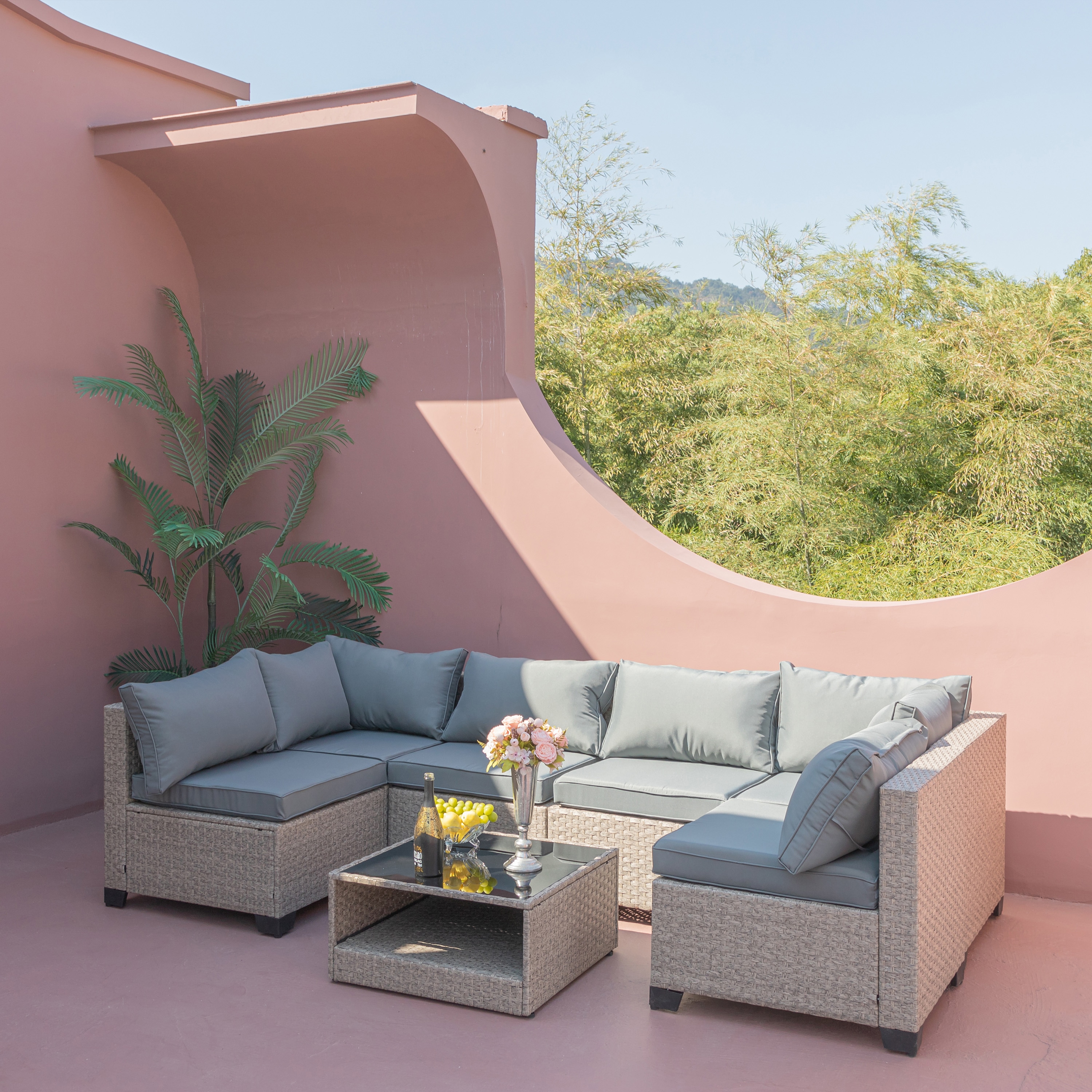 AAZJ JDU-322AAA 7-Piece Wicker Patio Sofa Conversation Set with Gray Cushions