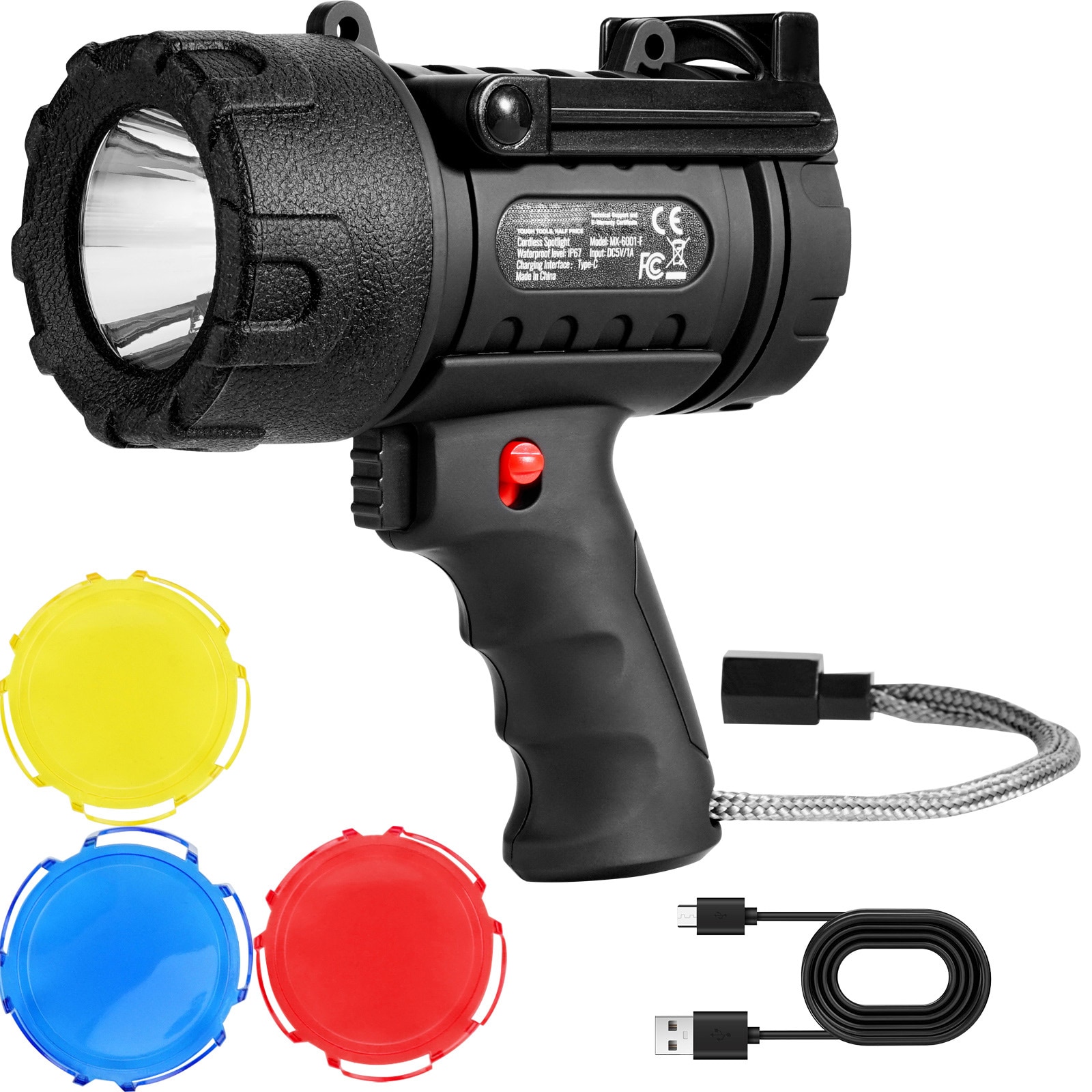 Oyezvary USB Rechargeable LED Spotlight Flashlight 200000LM 350 Meter Beam with 4 Modes and 3 Color Lenses for Outdoor Searchlight #LOZ0416TG25