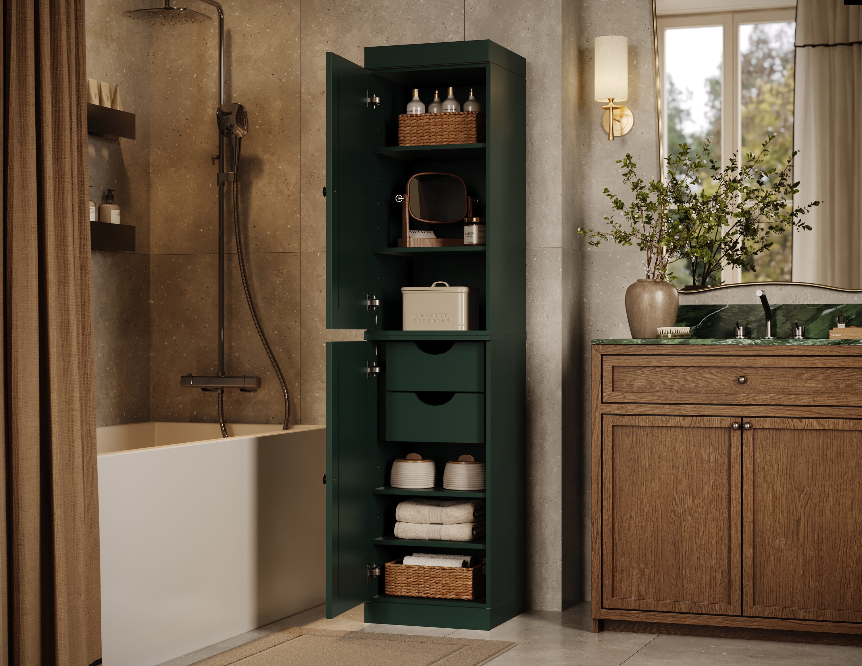 Palace Imports Solid Wood Tall Modular Narrow Shaker Bathroom Linen Laundry Room Storage Cabinet with 2 Drawers