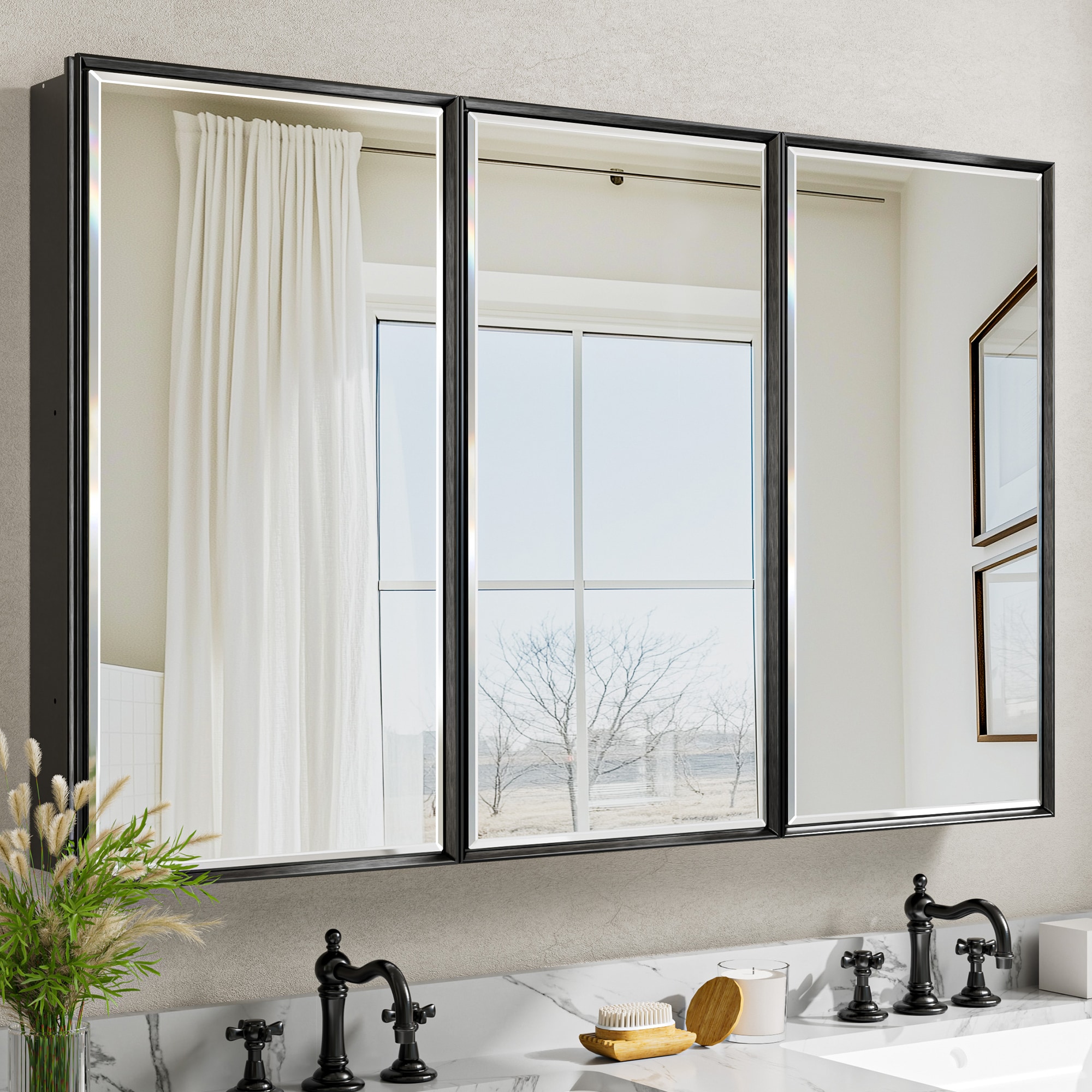 QueenFun MCBB4830BK Medicine Cabinets Mirrors 48-in x 30-in Surface/Recessed Mount Brushed Black Mirrored Rectangle Soft Close Medicine Cabinet