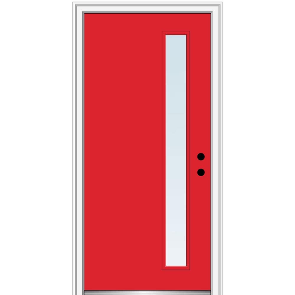 MMI DOOR ZZ345766L Spotlights 36-in x 80-in x 4-9/16-in Fiberglass Pulse lite Left-hand inswing Red Saffron Painted Prehung Front Door with Brickmould Insulating core