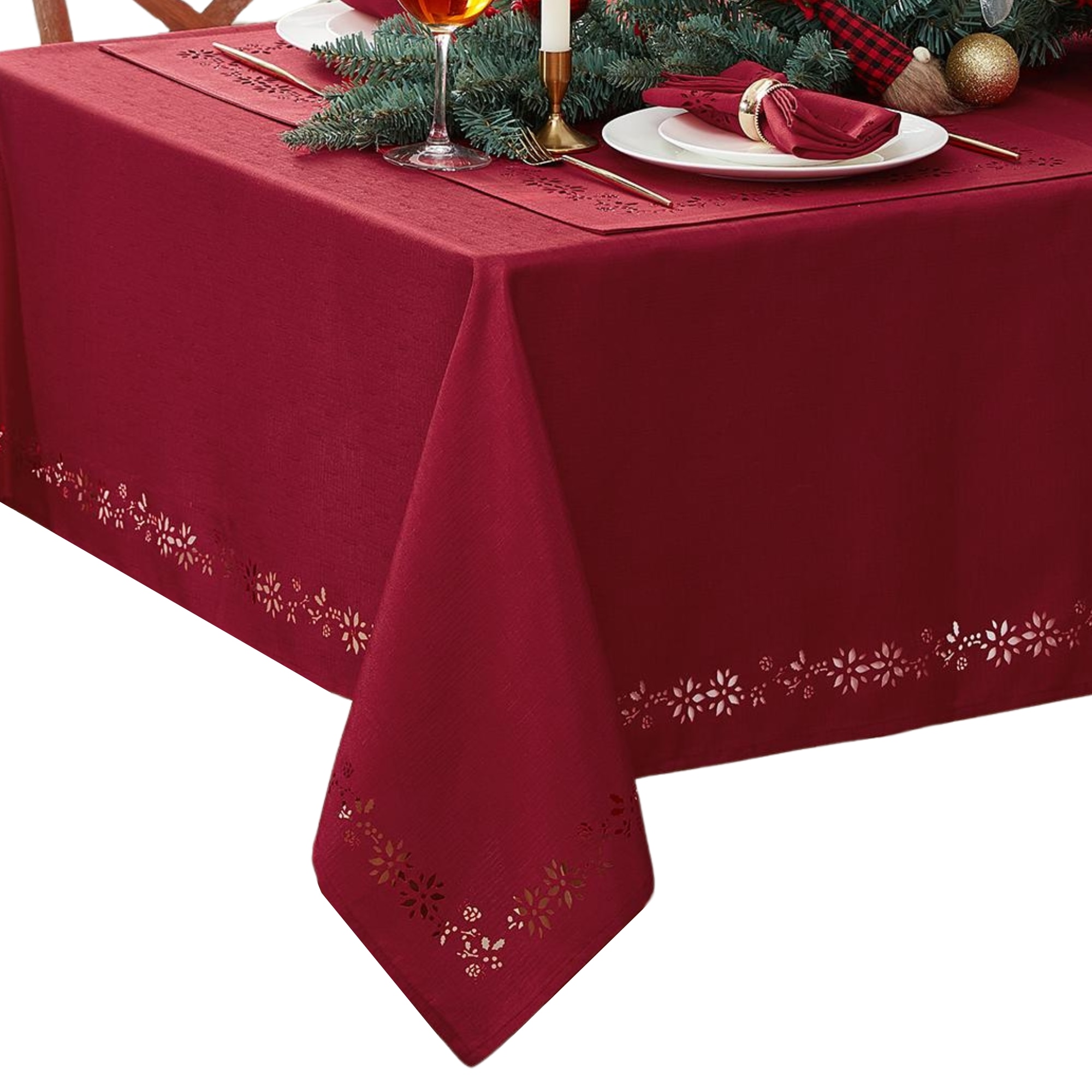 Elrene Home Fashions 194590302047 Poinsettia Noel Laser Cut 60x120 Indoor Red Table Cover for 8-ft rectangle