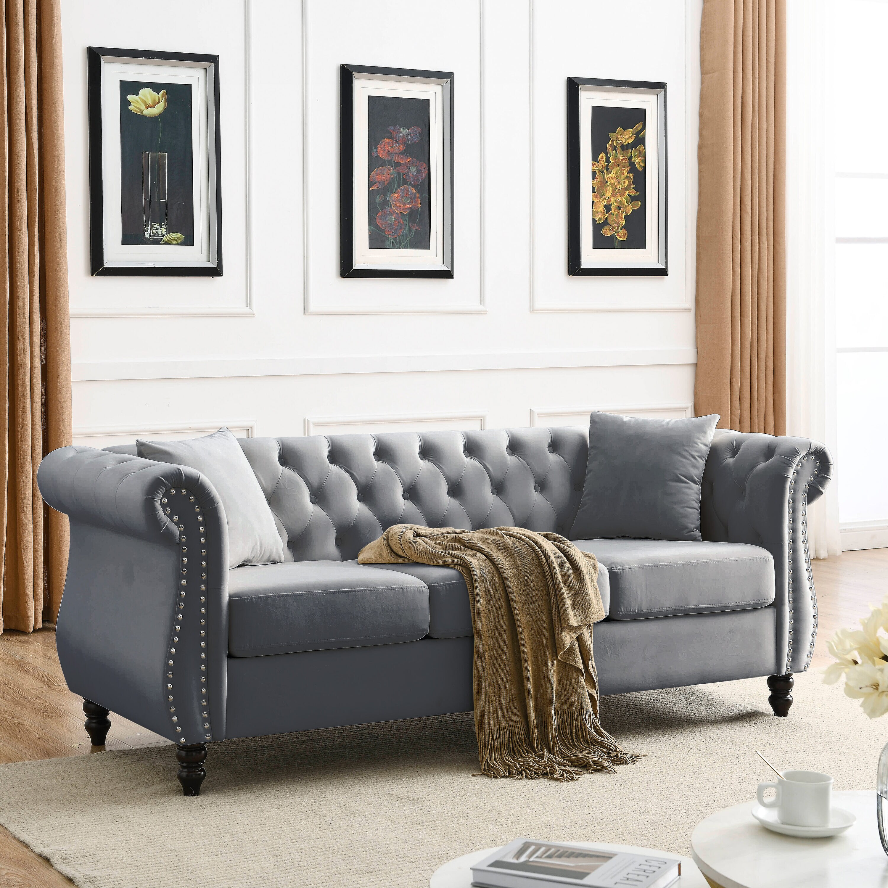 LOVMOR SF-Y-W834S00113 80in  Chesterfield Sofa Grey Velvet for Living Room  3 Seater Sofa Tufted Couch with Rolled Arms and Nailhead for Living Room  Bedroom  Office  Apartment  two pillows