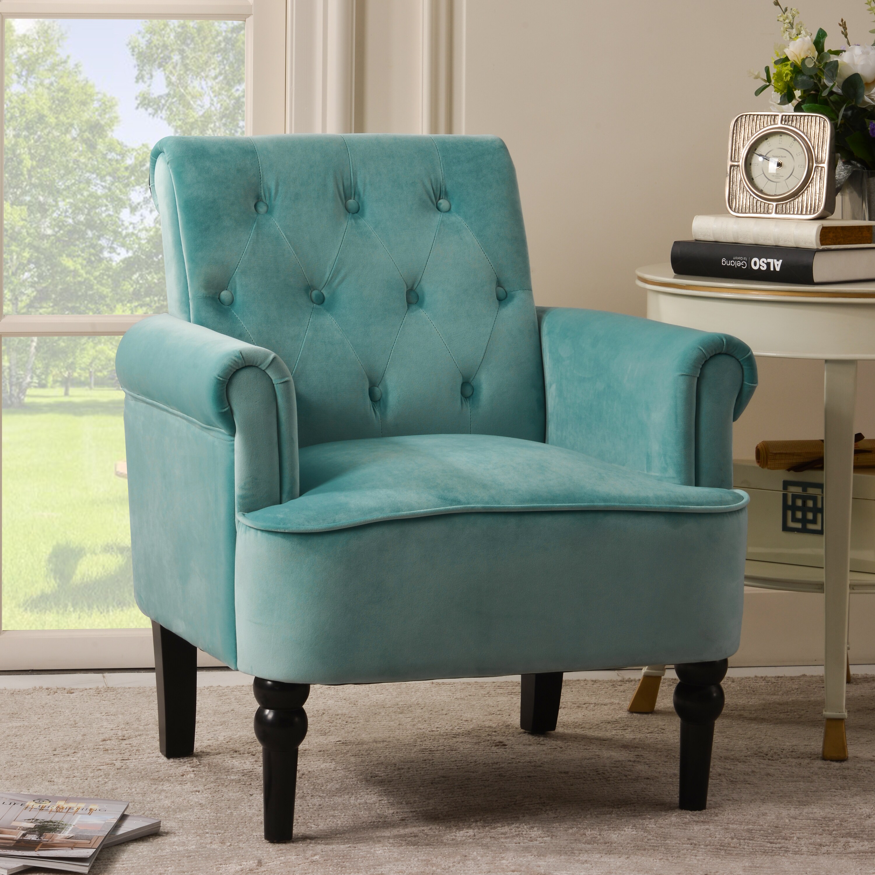 teal patterned armchair