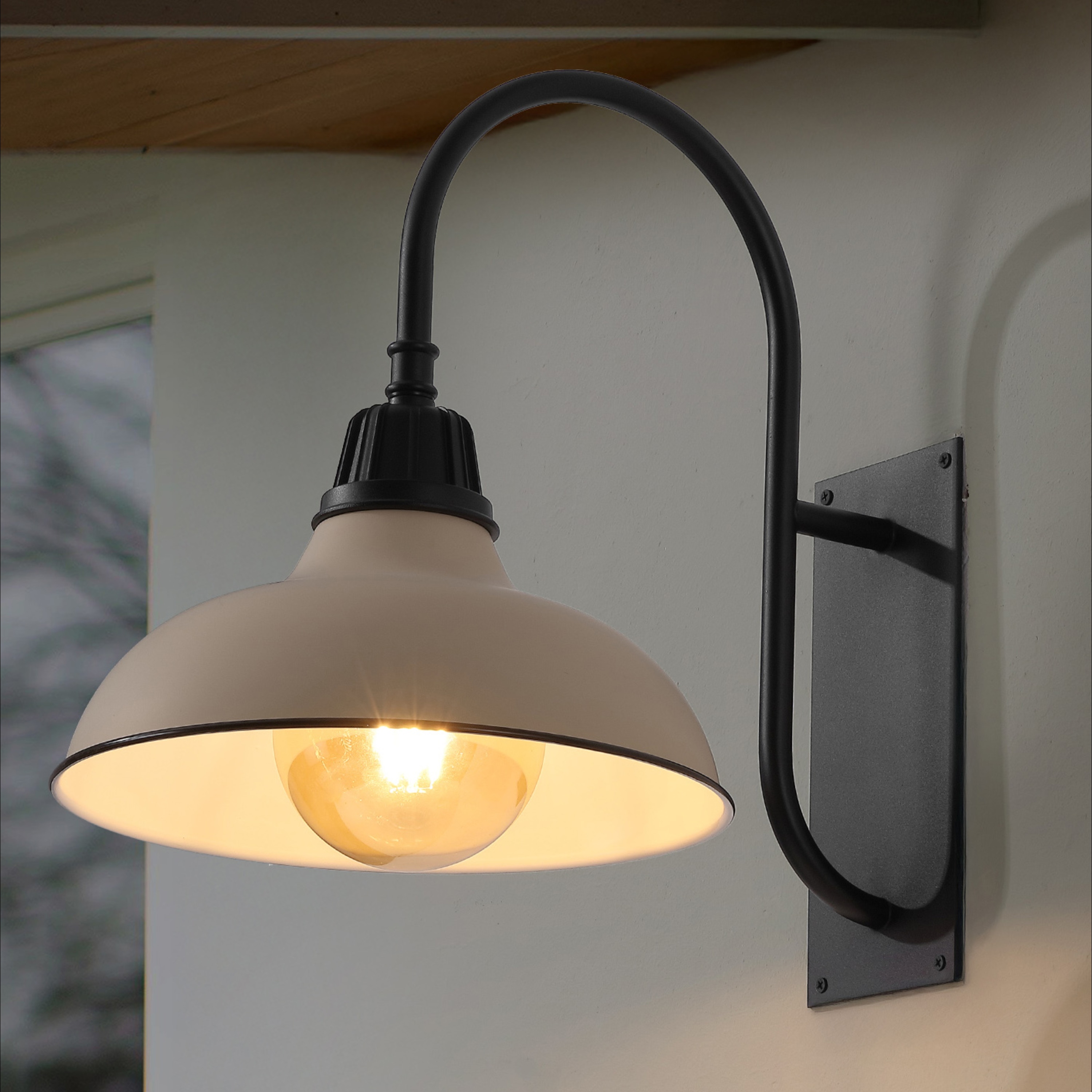 JONATHAN  Y JYL7614J Stanley Farmhouse Industrial Iron Gooseneck Arm 1 -Light 17-in H Polished Brown Hardwired Outdoor Wall Light