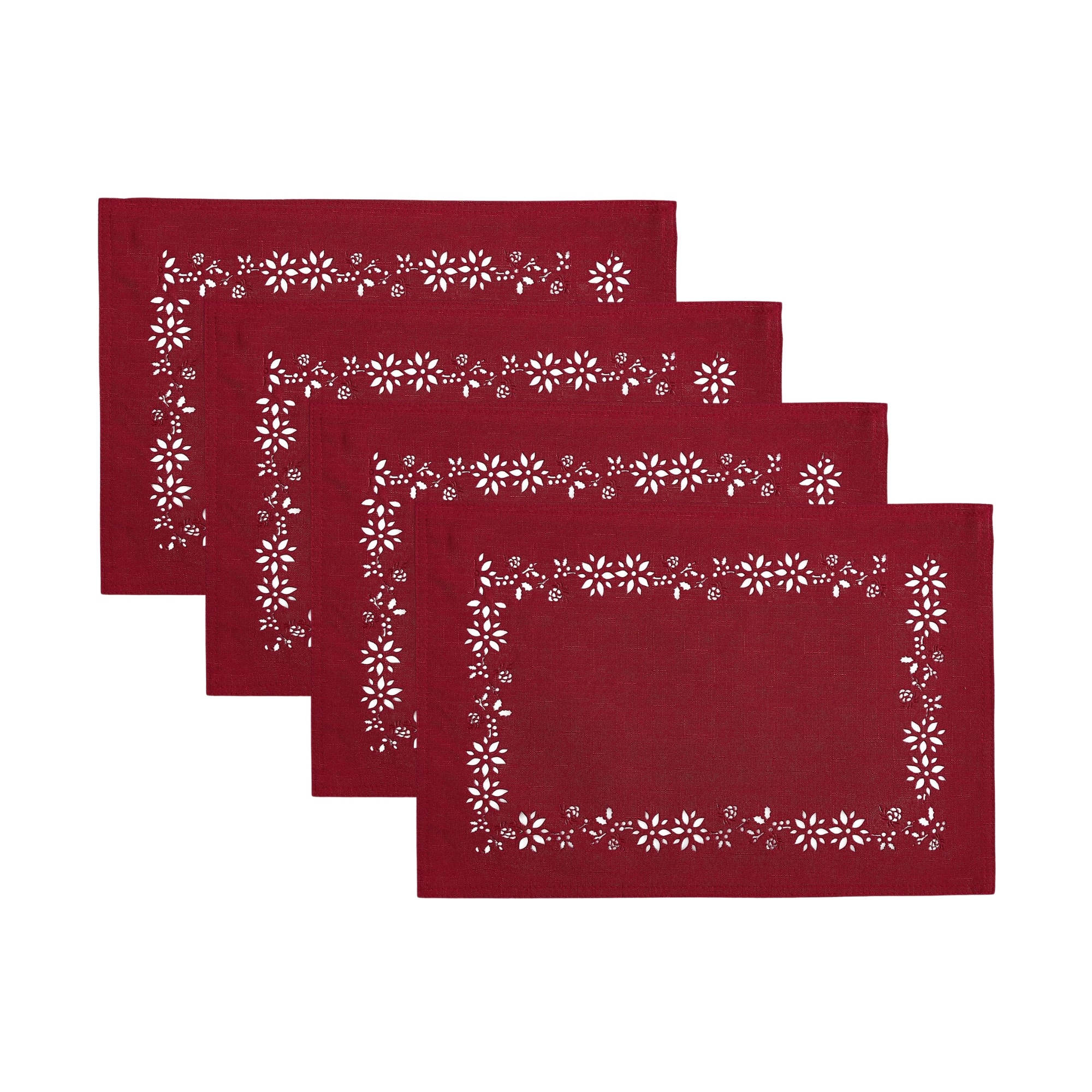 Elrene Home Fashions 194590302184 Poinsettia Noel Laser Cut 4 -Pack Red Polyester Rectangle Placemats