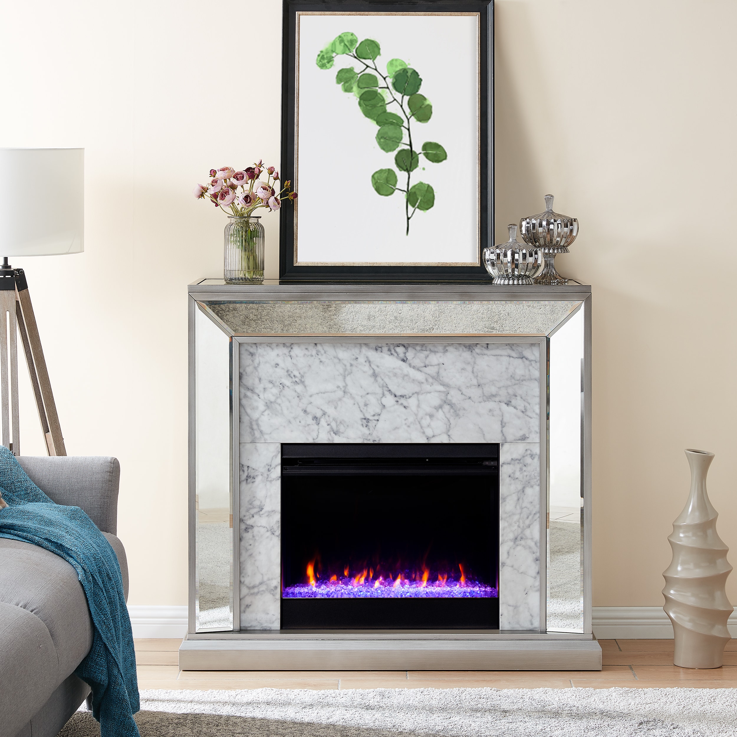 Safavieh Trandling Mirrored Faux Stone Fireplace with Color Changing Firebox