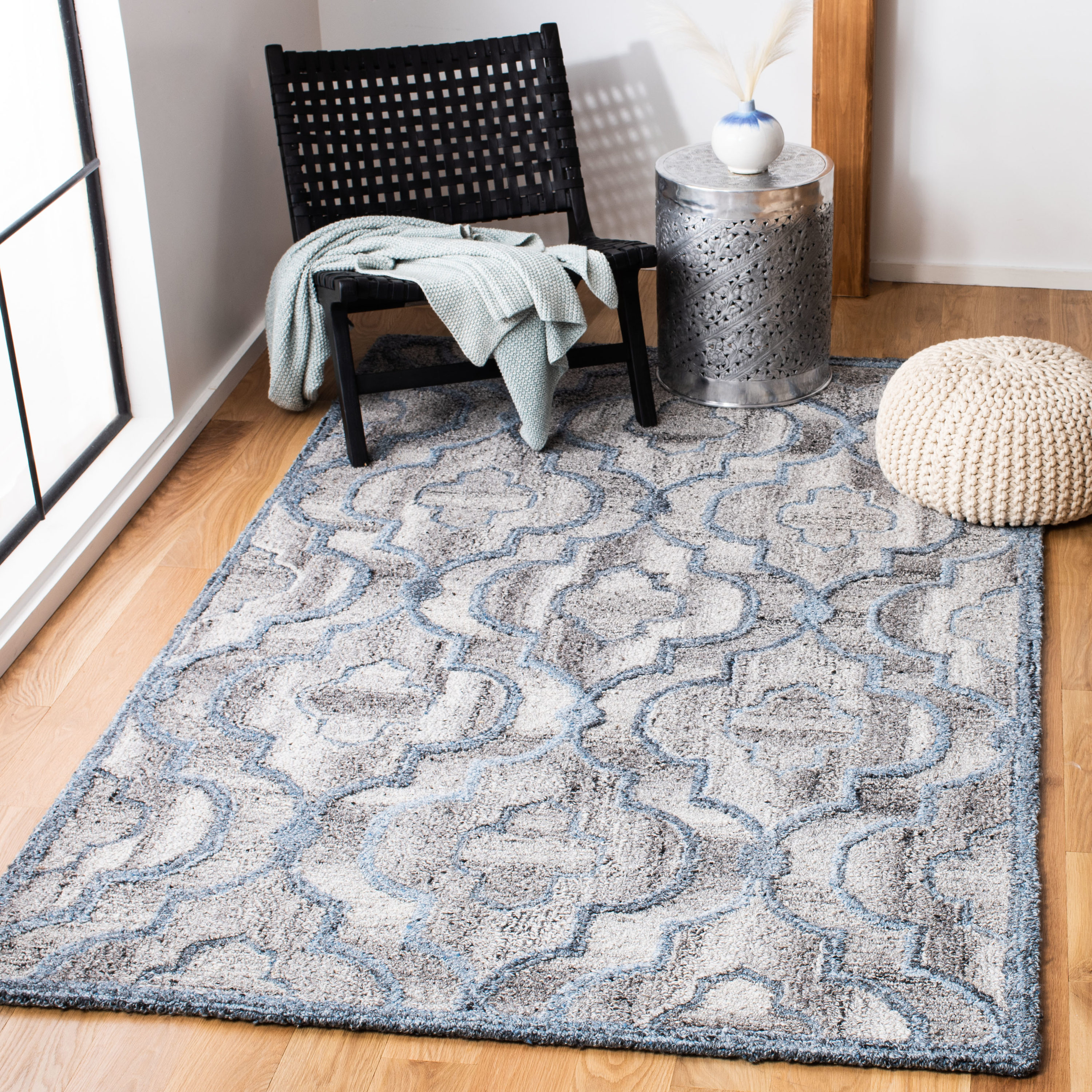 Handmade Blue and Gray Tufted Wool Abstract Area Rug