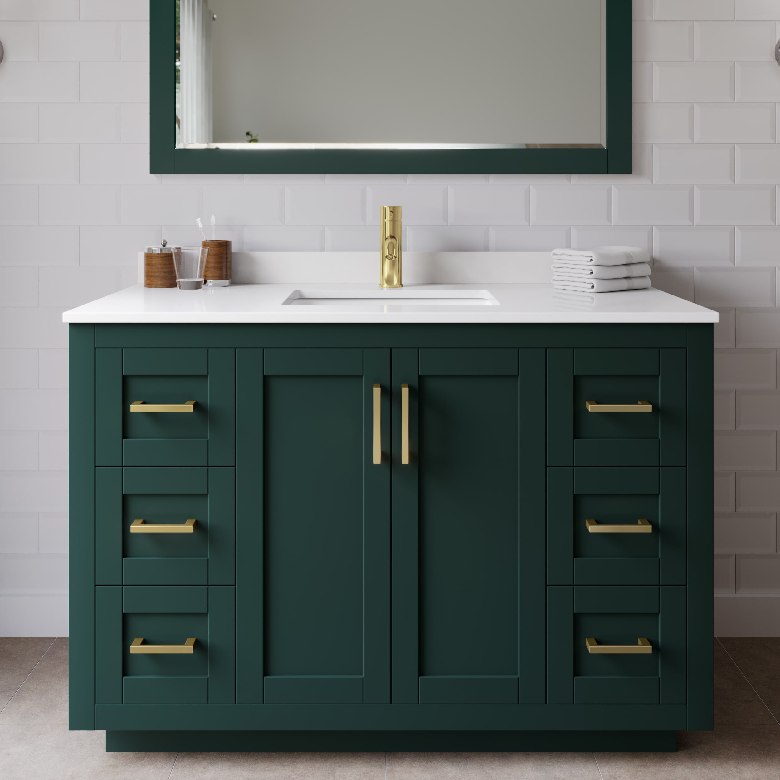 Wyndham Collection WCF292948SGDWCUNSMXX Miranda 48-in Green with Brushed Gold Trim Undermount Single sink Bathroom Vanity with White Cultured Marble Cultured marble Top