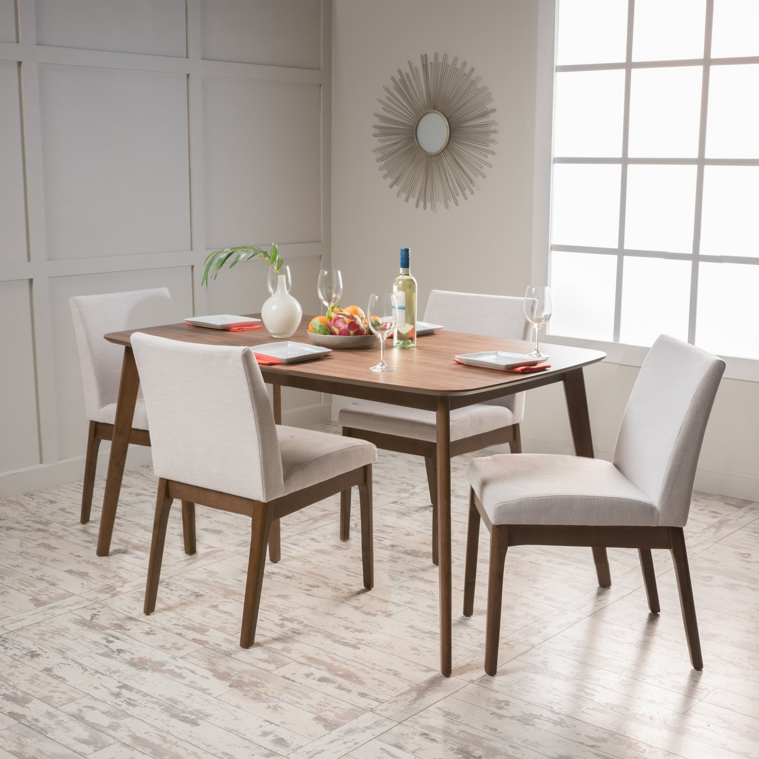 Christopher Knight Home 299282 Fabrizio Mid-Century Modern 5 Piece Dining Set Light Beige and Walnut