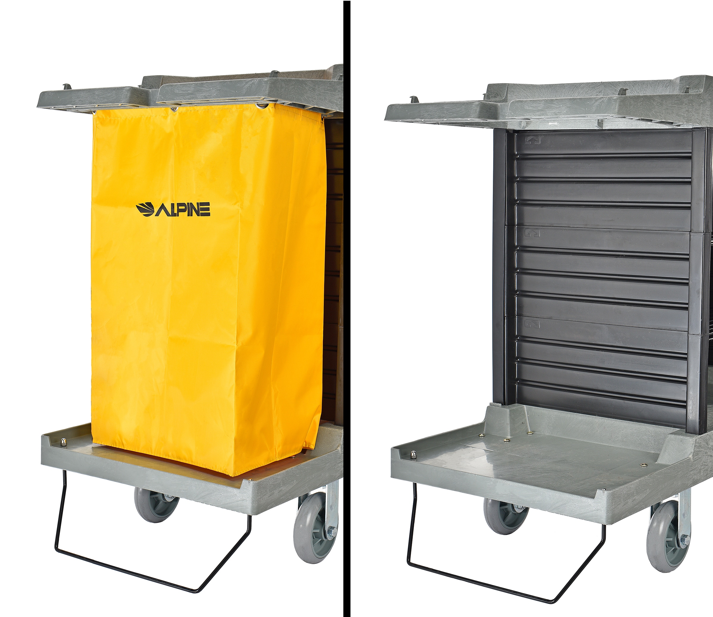 Alpine Industries Three Shelf Hotel Housekeeping Cart- Removable Bag- Gray-  Durable & Spacious- Folding Handle- 59-in x 21-in x 39-in- 27.8 lbs