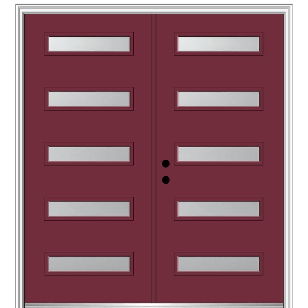 MMI DOOR ZZ347820R Spotlights 64-in x 80-in x 4-9/16-in Fiberglass Pulse lite Right-hand inswing Burgundy Painted Prehung Double Front Door with Brickmould Insulating core
