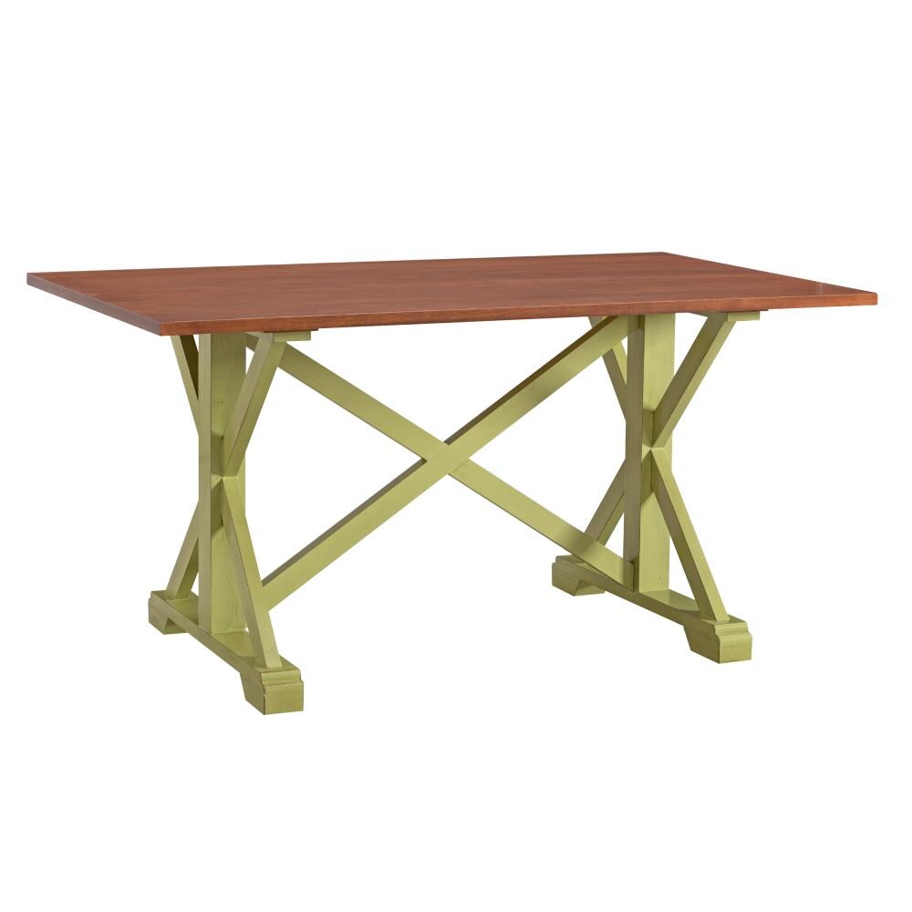 Boston Loft Furnishings ATG3981DN Calwix Brown Transitional Dining Table, Wood Veneer with Green Wood Trestle Base 60-in L x 30.75-in H