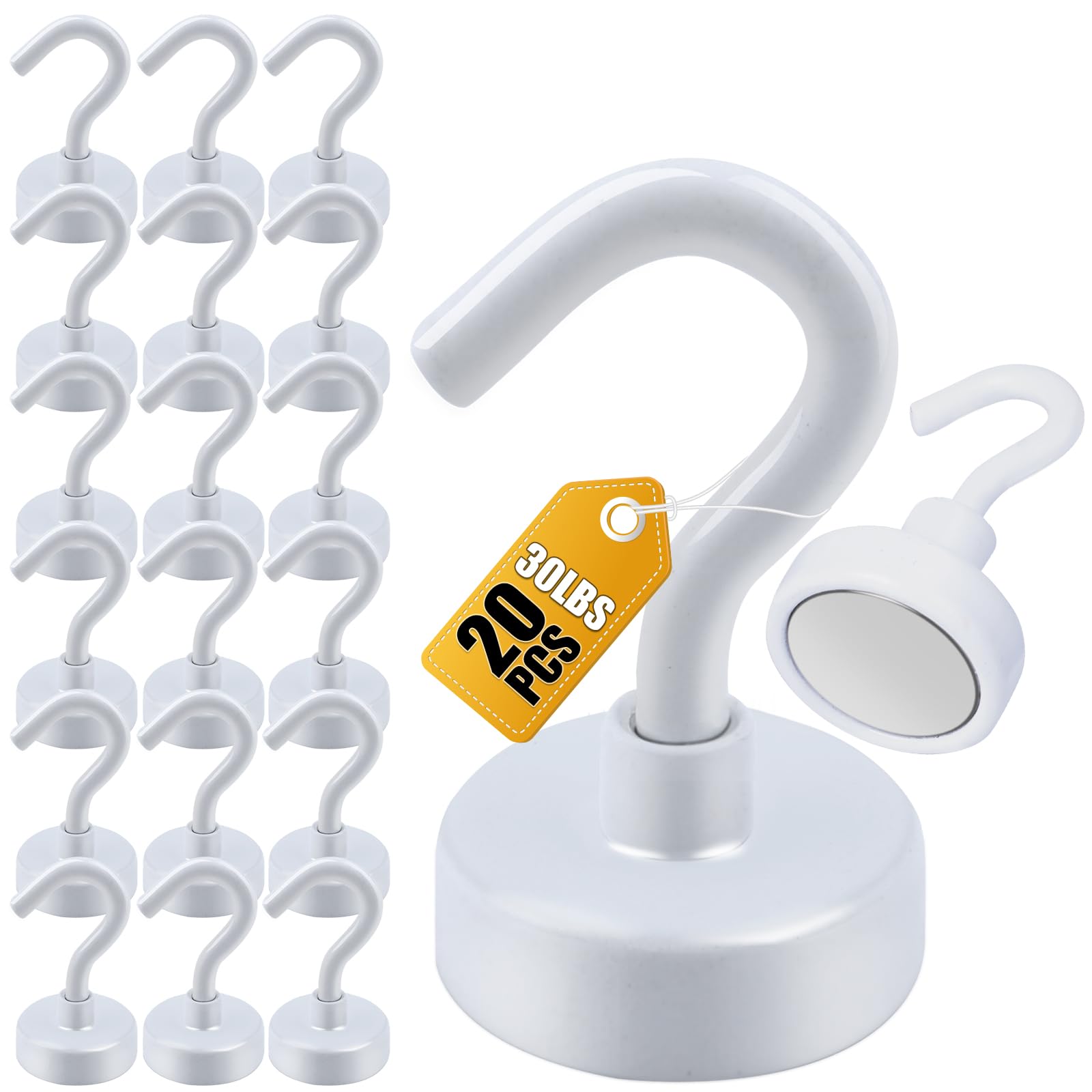 KIWDZFU  Magnetic Hooks 30lb Heavy Duty Utility S Hook for Fridge Kitchen Garage Office Classroom Grill Metal Surfaces 20 pack White