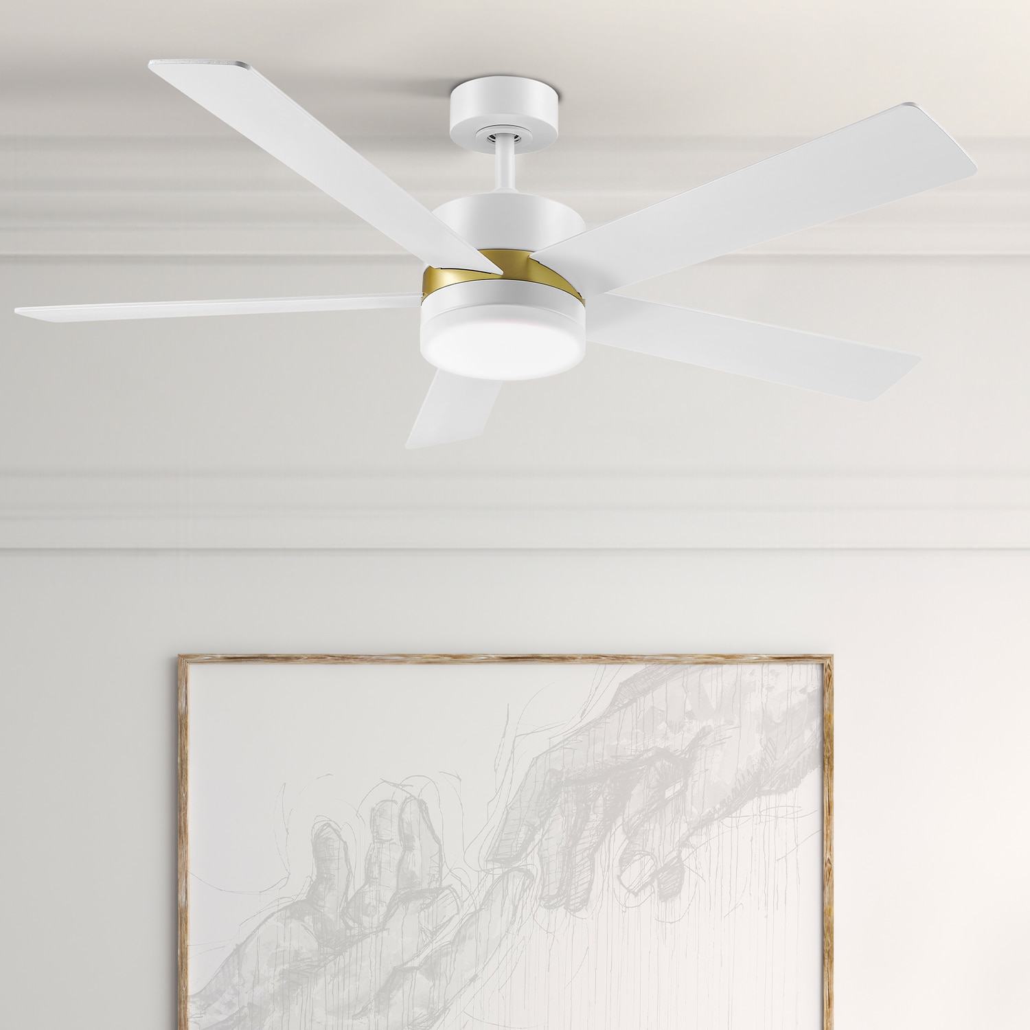 Globe Electric 37000073 Dayton 52-in Color-Changing Integrated LED Outdoor Smart White/Brush Gold with White Blades Ceiling Fan With Light - Remote Included ( 5 -Blade )