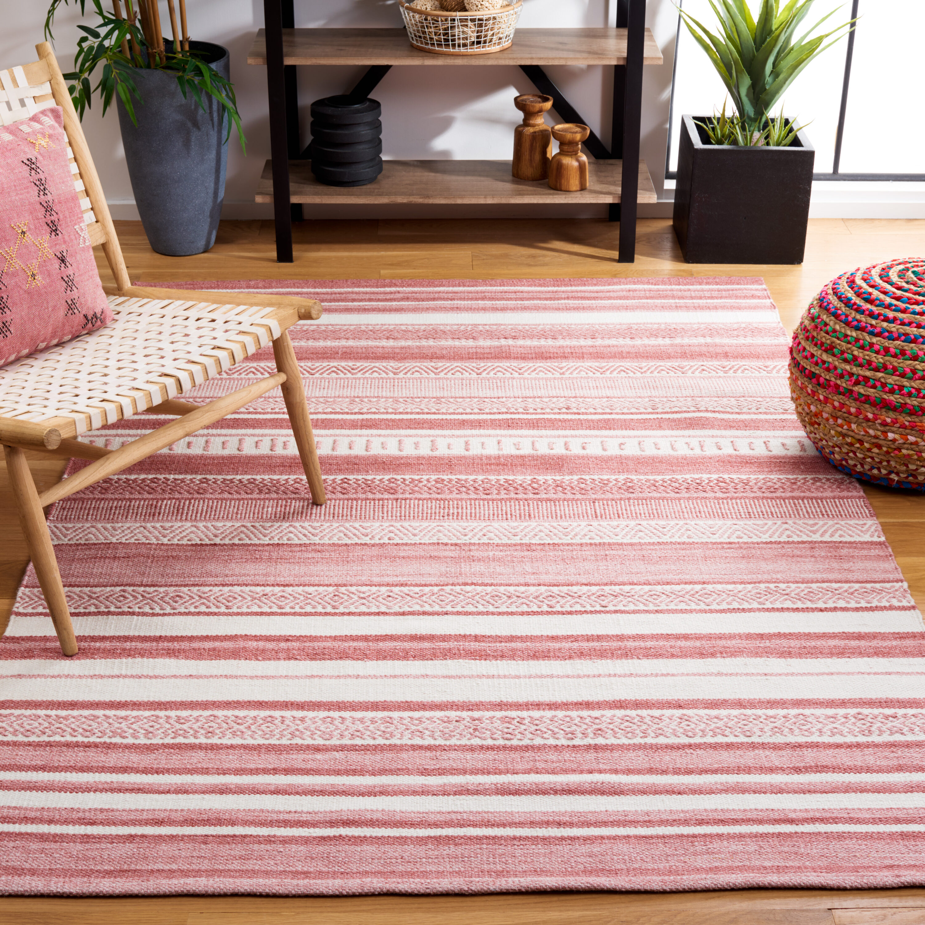  Striped Kilim 430 Pink/Ivory Bohemian 4ft x 6ft Small Rectangle Rug
