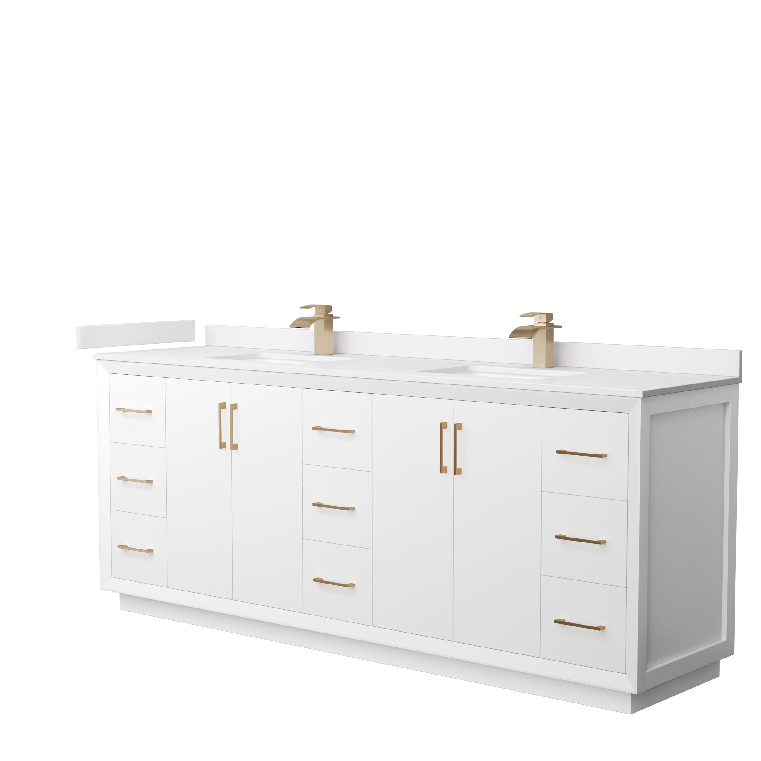 Wyndham Collection WCF414184DWZWCUNSMXX Strada 84-in White with Satin Bronze Trim Undermount Double sink Bathroom Vanity with White cultured marble Cultured marble Top