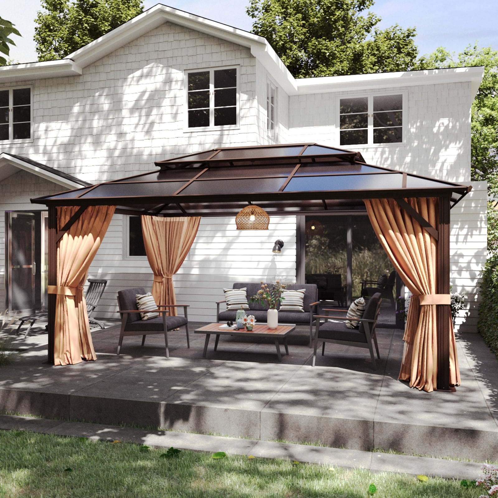 Bapipro BPGB10B43 16-ft x 12-ft Brown Rectangle Gazebo with Hardtop Roof (Screen Included)