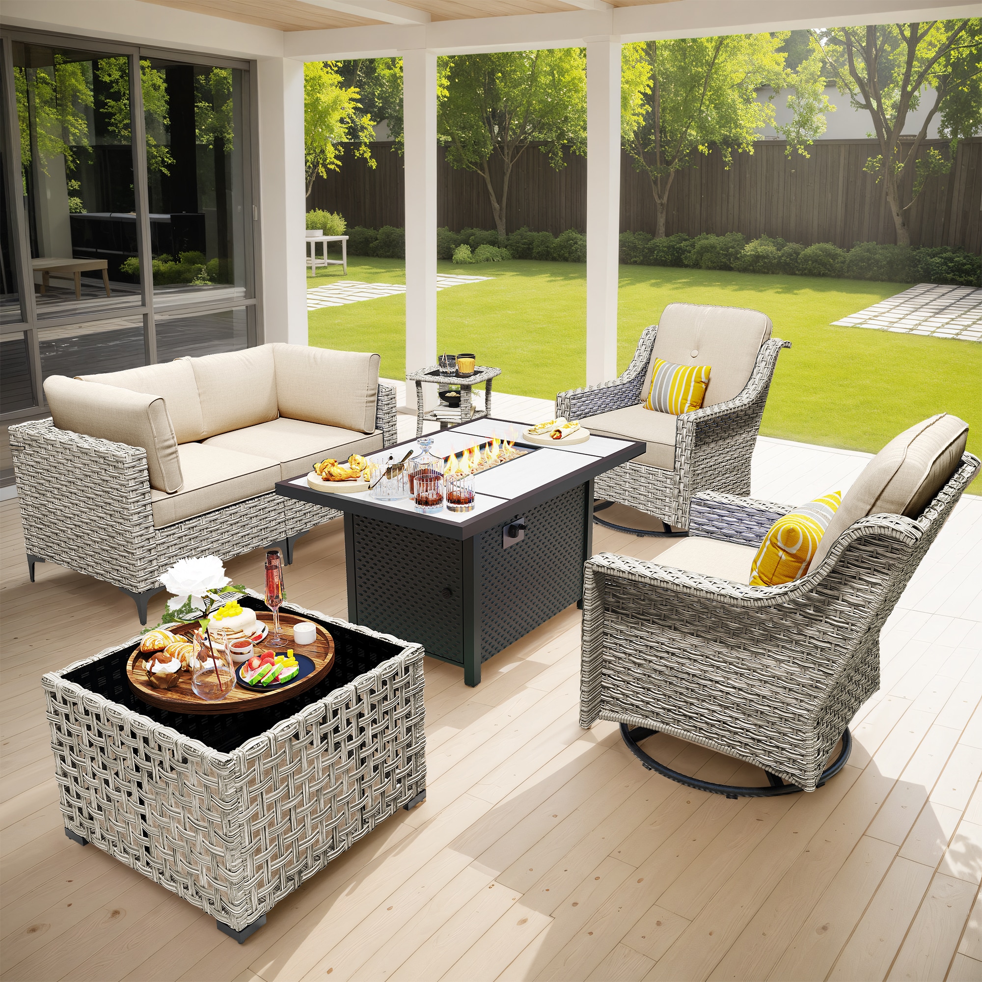 Pouuin DFPSKT606 7 -Piece Wicker Patio Conversation Set with Off-white Cushions