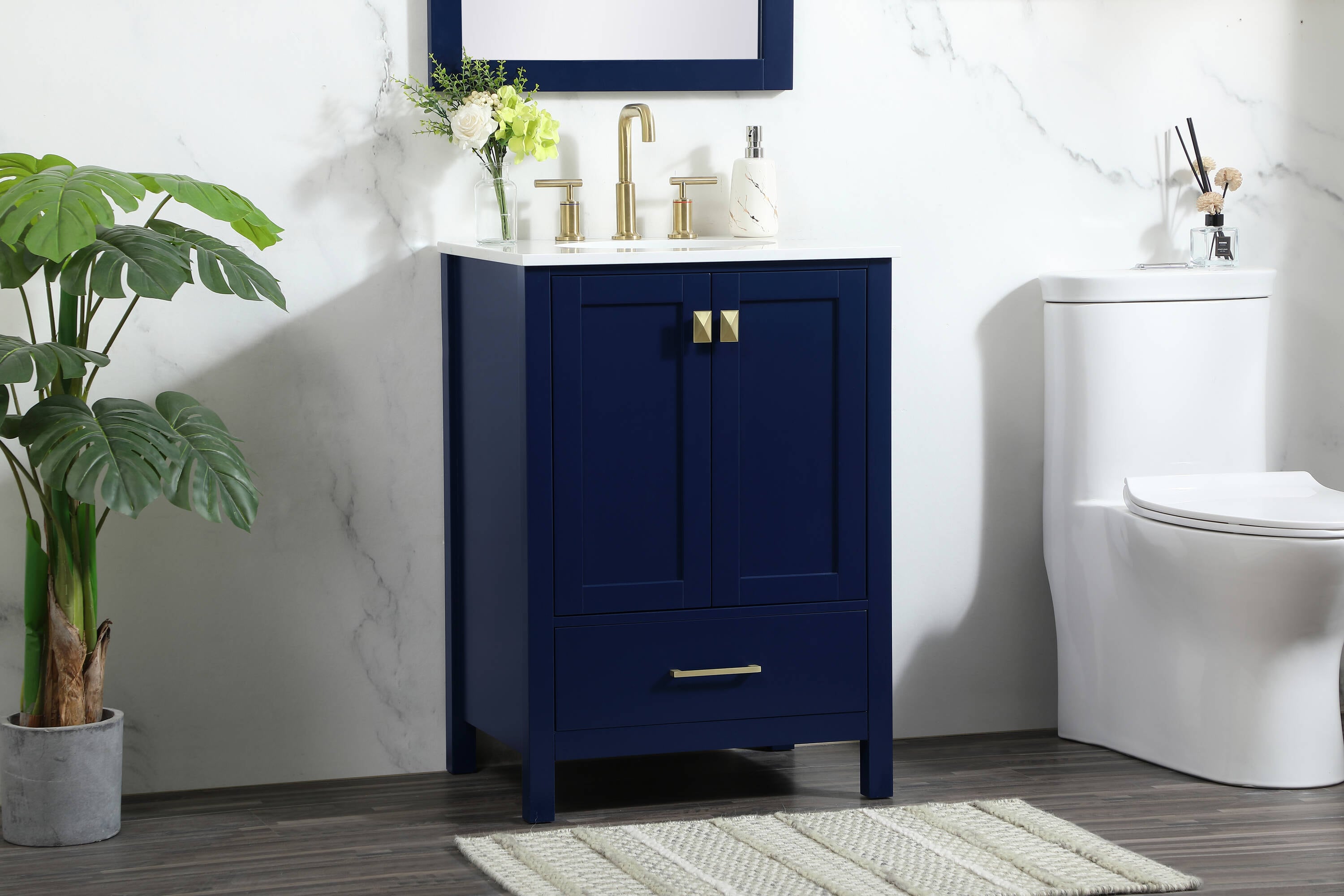 Blue MDF Single Bathroom Vanity with Gold Pulls and Quartz Top