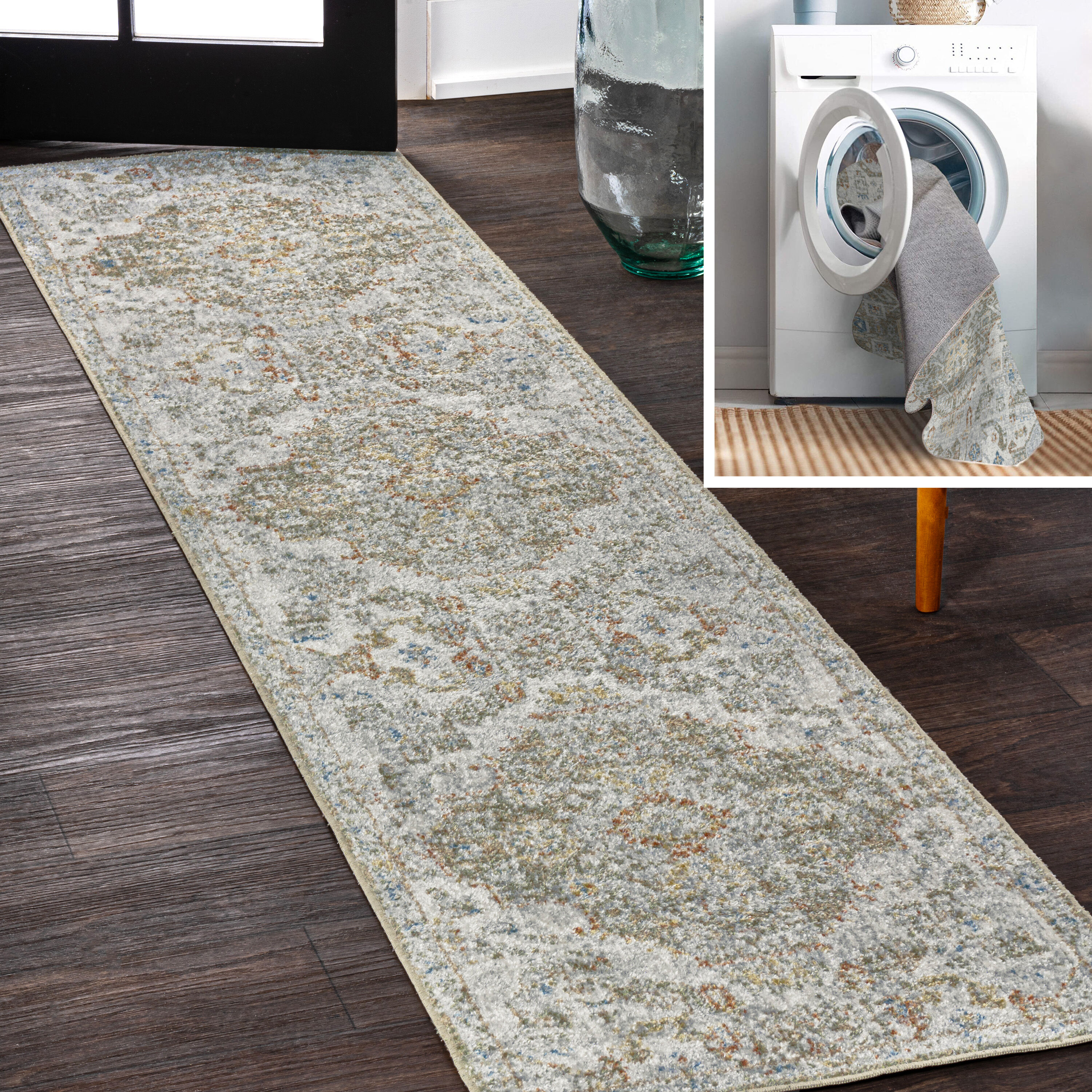 JONATHAN  Y WSH320A-28 WASHABLE Shaemus Bohemian Medallion Low-Pile 2 x 8 (ft) Loomed Polyester Cream/Brown/Green Rectangular Indoor Medallion Global Machine washable Runner rug