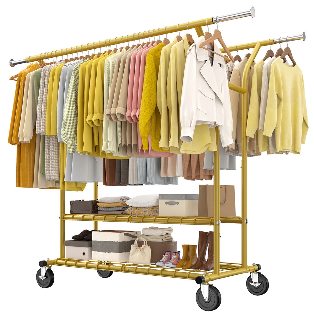Raybee Double Rod Clothing Rack with 630LBS Capacity Rolling Garment Rack with Wheels and Adjustable Height for Bedroom Closet Laundry Gold